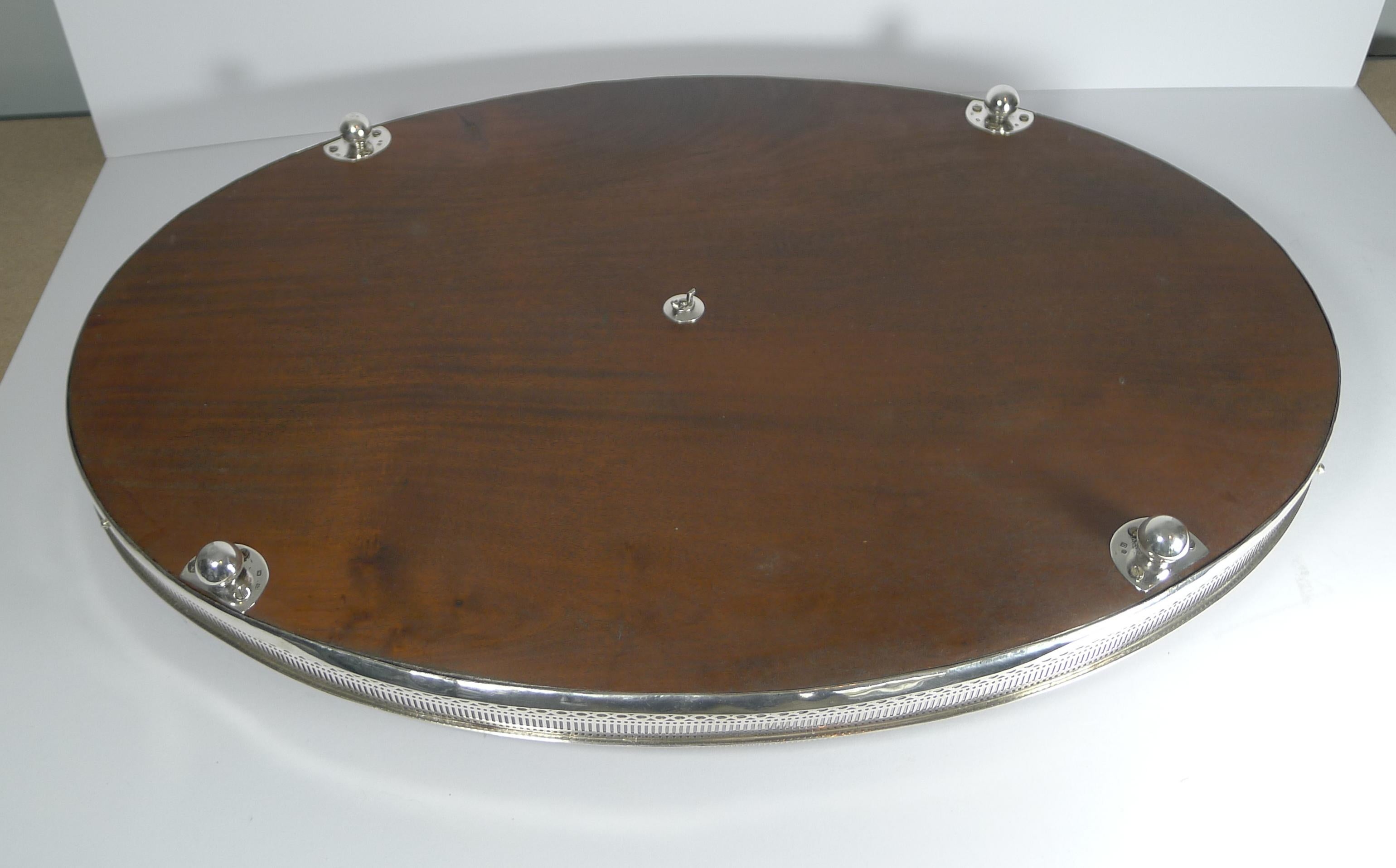 Late Victorian Large Antique English Mahogany and Sterling Silver Tray, 1883