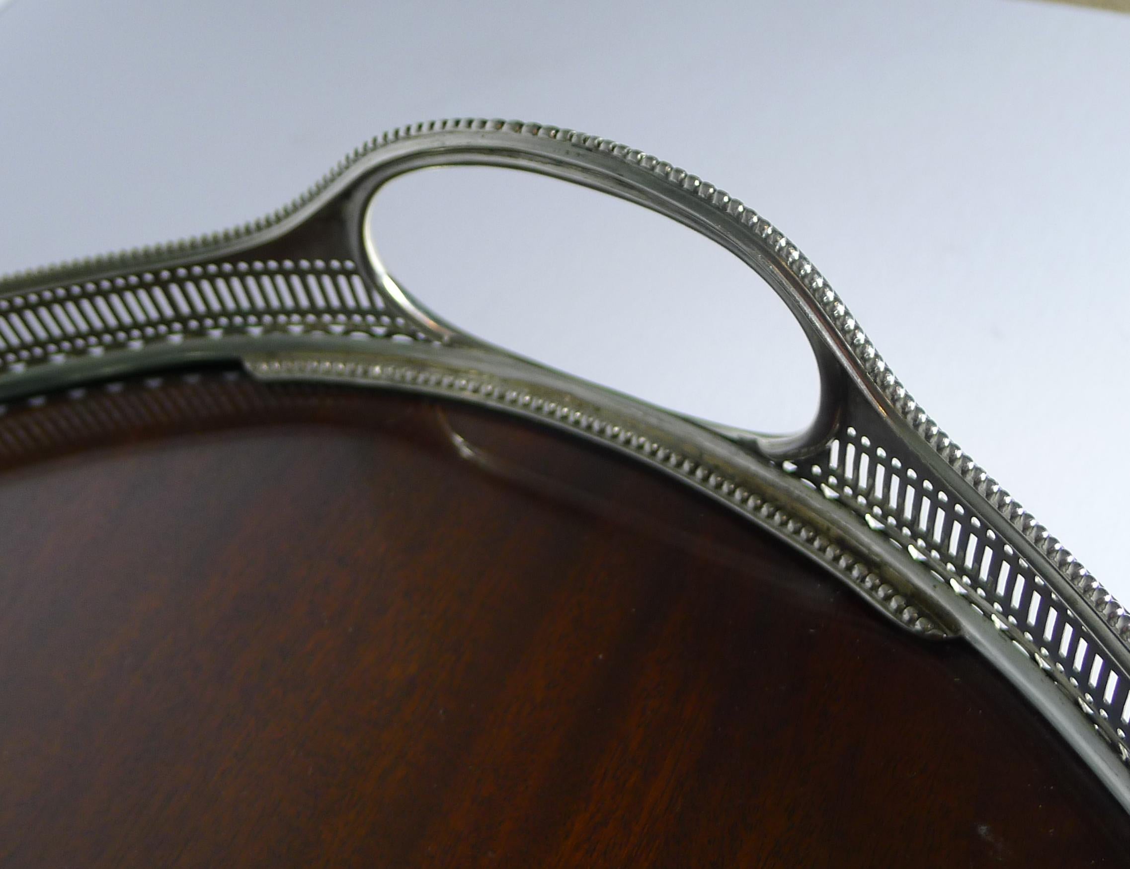Large Antique English Mahogany and Sterling Silver Tray, 1883 1