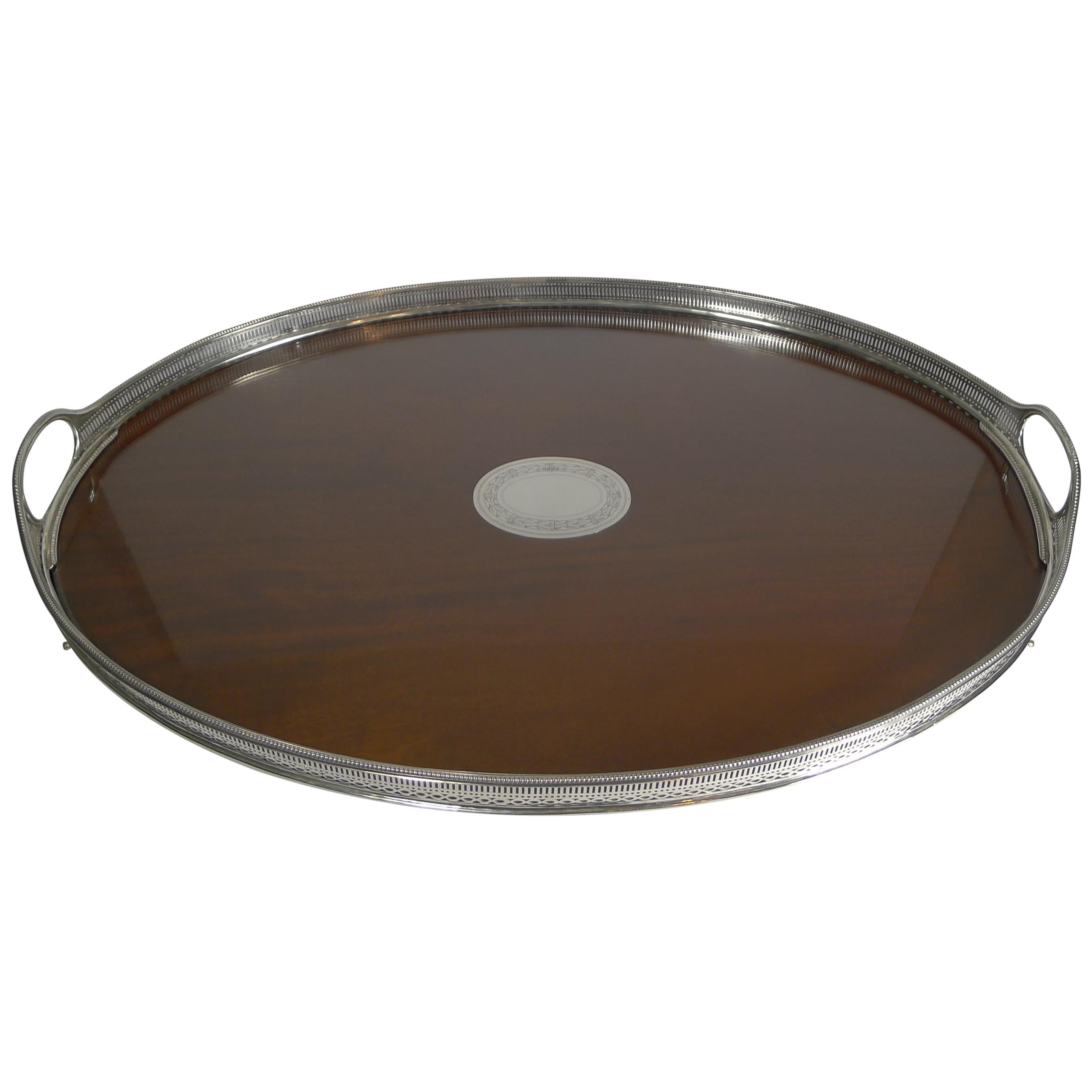 Large Antique English Mahogany and Sterling Silver Tray, 1883