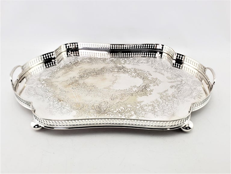 Victorian Large Antique English Maple & Co. Serpentine Silver Plated Gallery Serving Tray For Sale