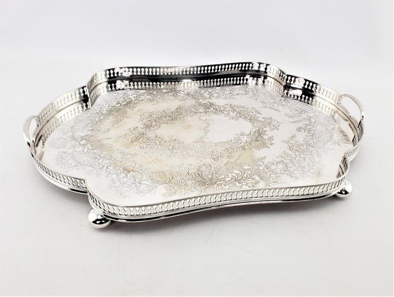 Machine-Made Large Antique English Maple & Co. Serpentine Silver Plated Gallery Serving Tray For Sale