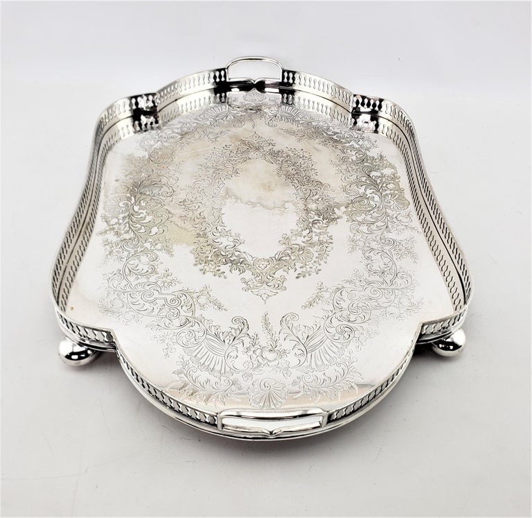 Large Antique English Maple & Co. Serpentine Silver Plated Gallery Serving Tray In Good Condition For Sale In Hamilton, Ontario