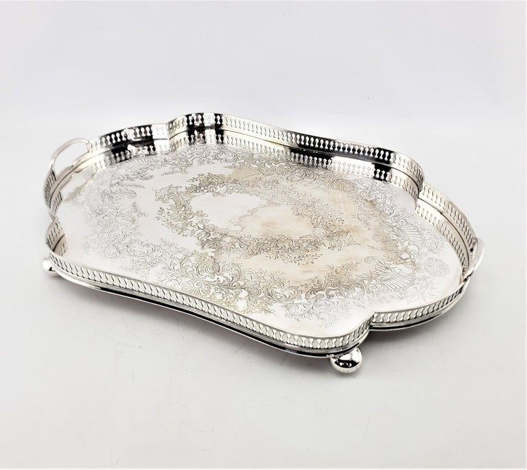 Large Antique English Maple & Co. Serpentine Silver Plated Gallery Serving Tray For Sale 1