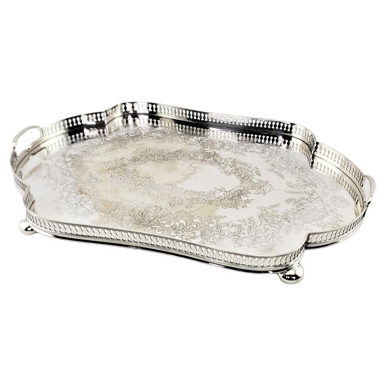 Large Antique English Maple & Co. Serpentine Silver Plated Gallery Serving Tray For Sale