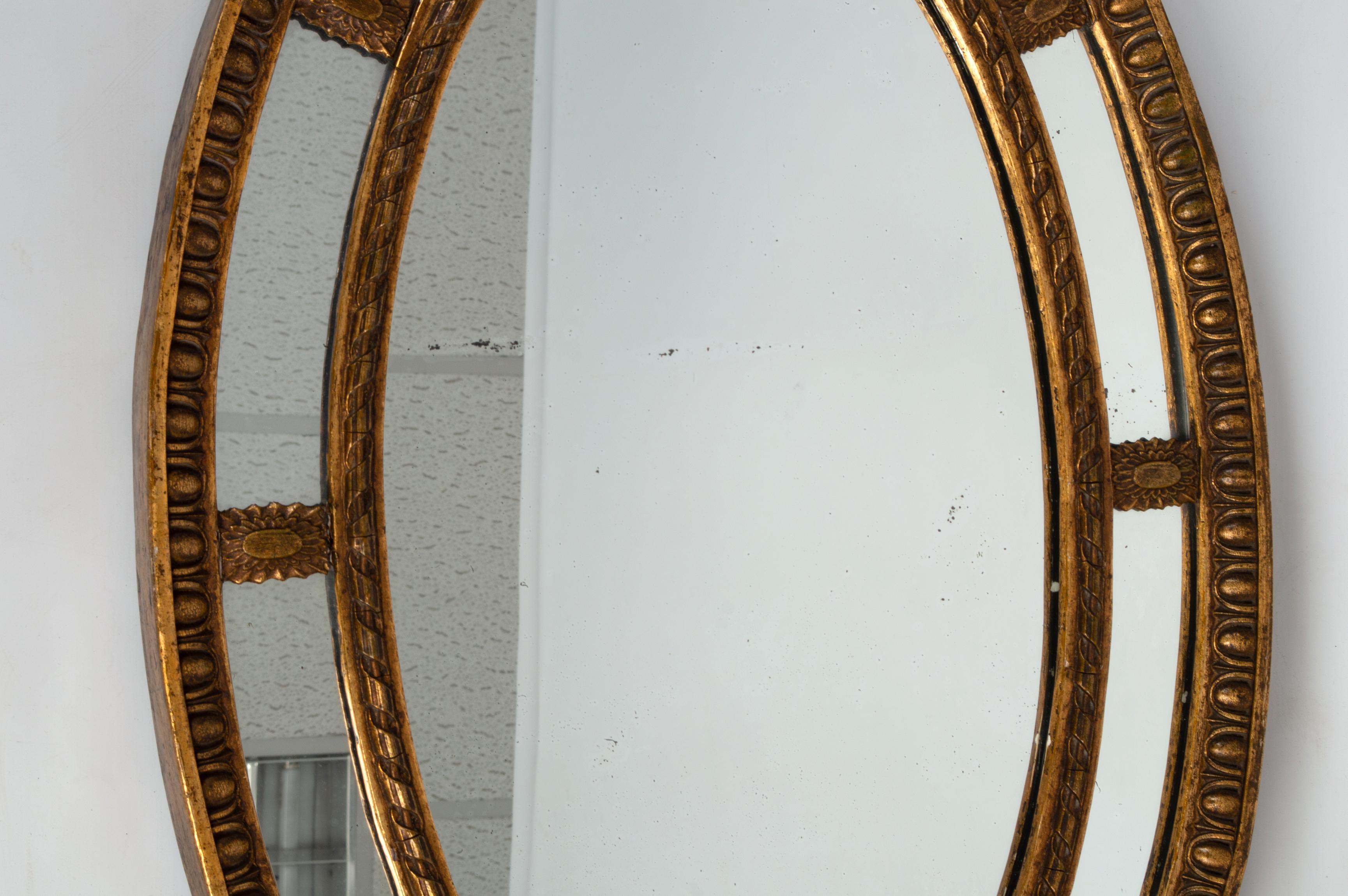 Adam Style Large Antique English Neoclassic Oval Gilt-Wood & Gesso Sectional Mirror, C.1910 For Sale