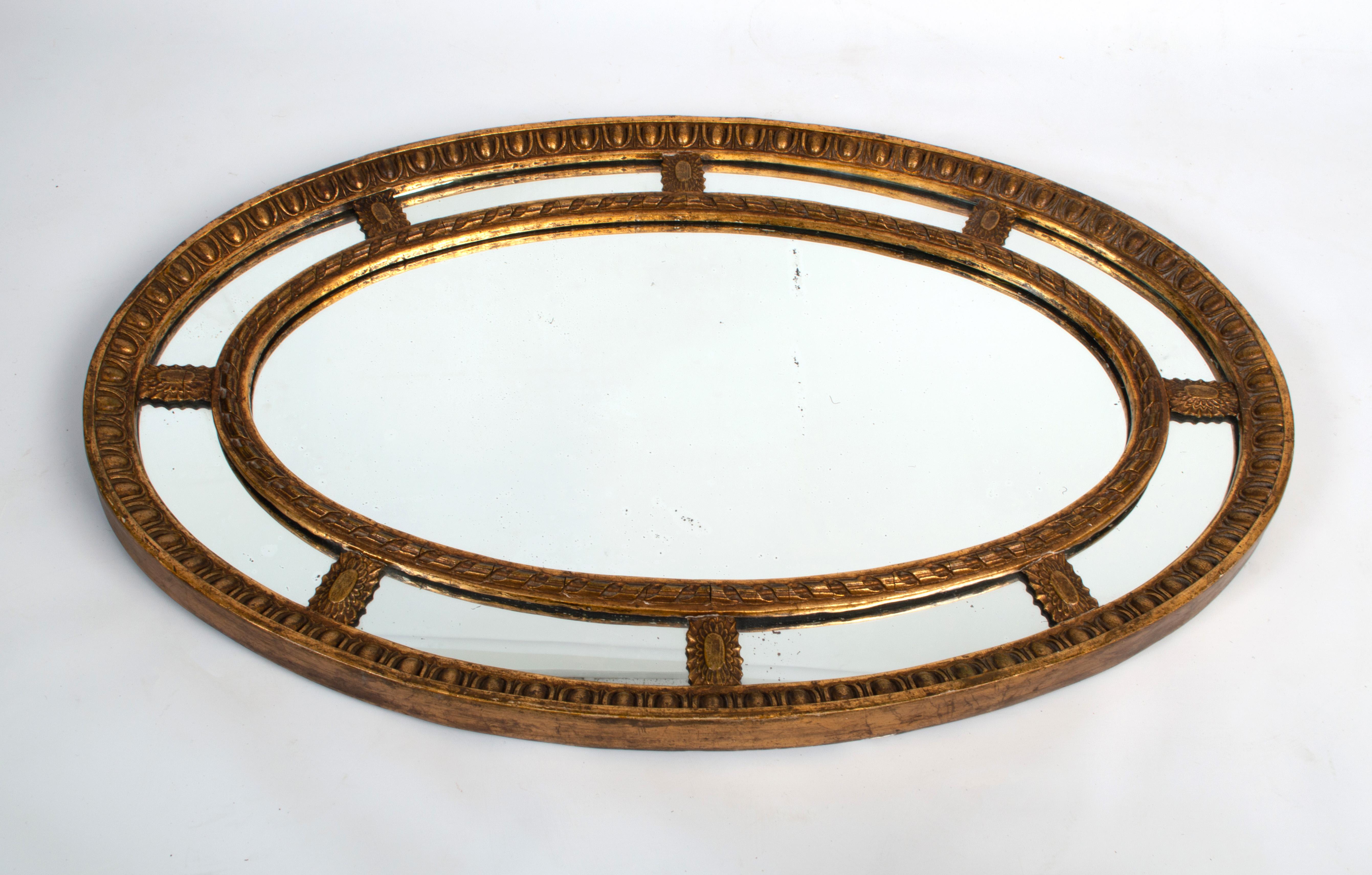 Large Antique English Neoclassic Oval Gilt-Wood & Gesso Sectional Mirror, C.1910 For Sale 2