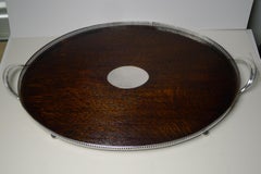 Large Antique English Oak and Sterling Silver Drinks Tray, 1902