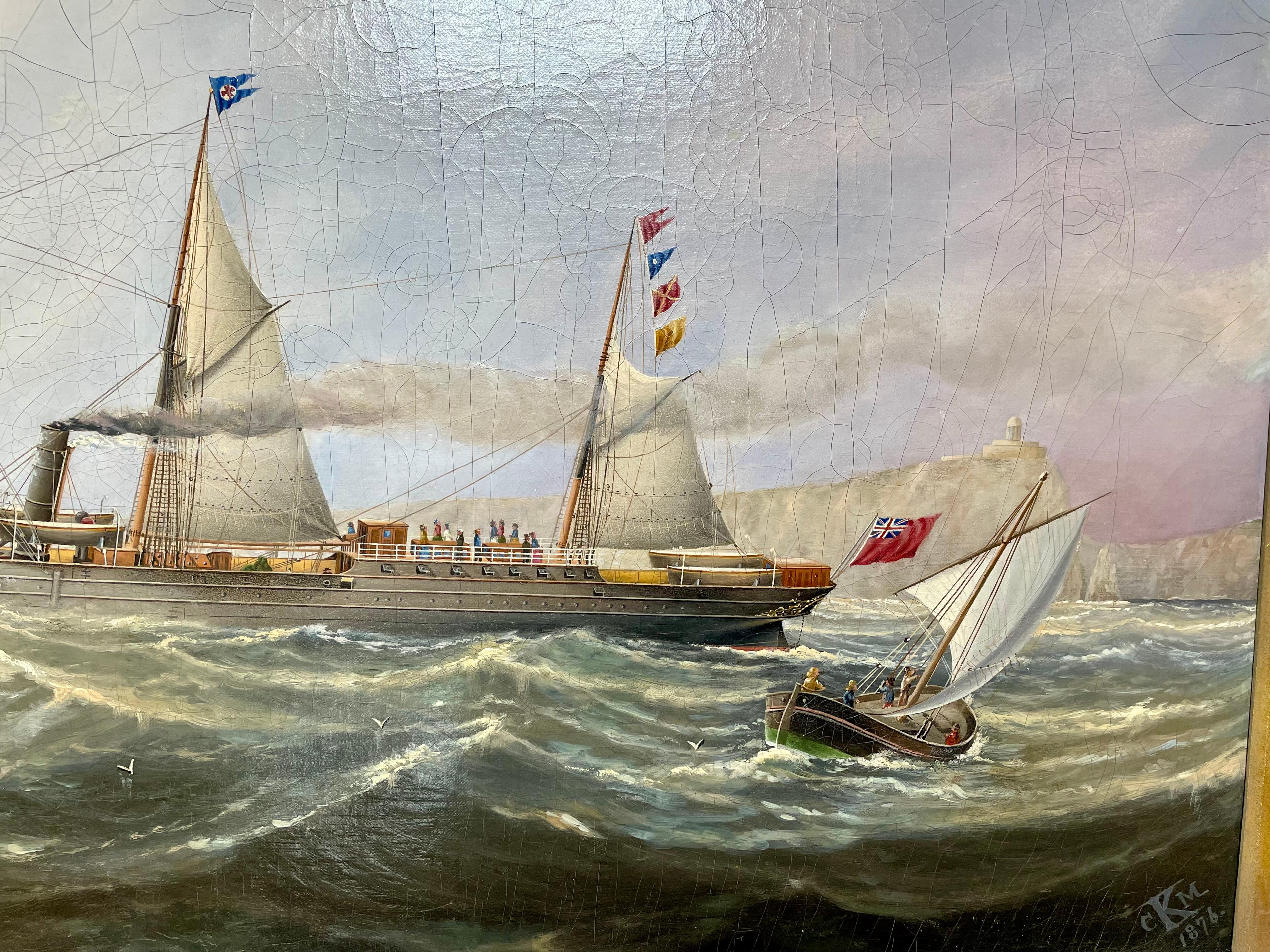 Große antike englische gerahmte Öl auf Leinwand Schiff Gemälde, signiert 