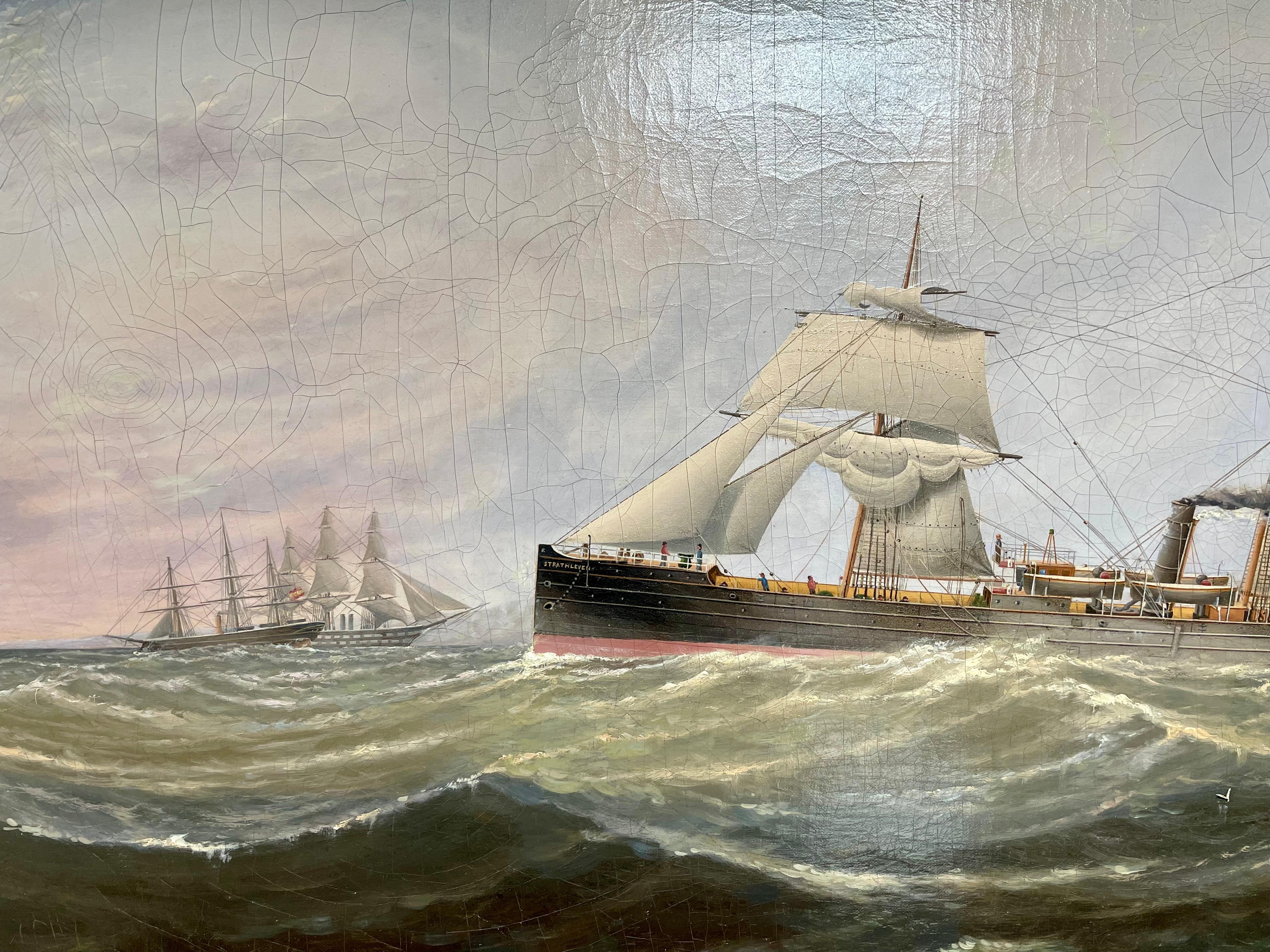Anglais Grande peinture anglaise ancienne sur toile de bateau par Charles Keith Miller, 1876. en vente
