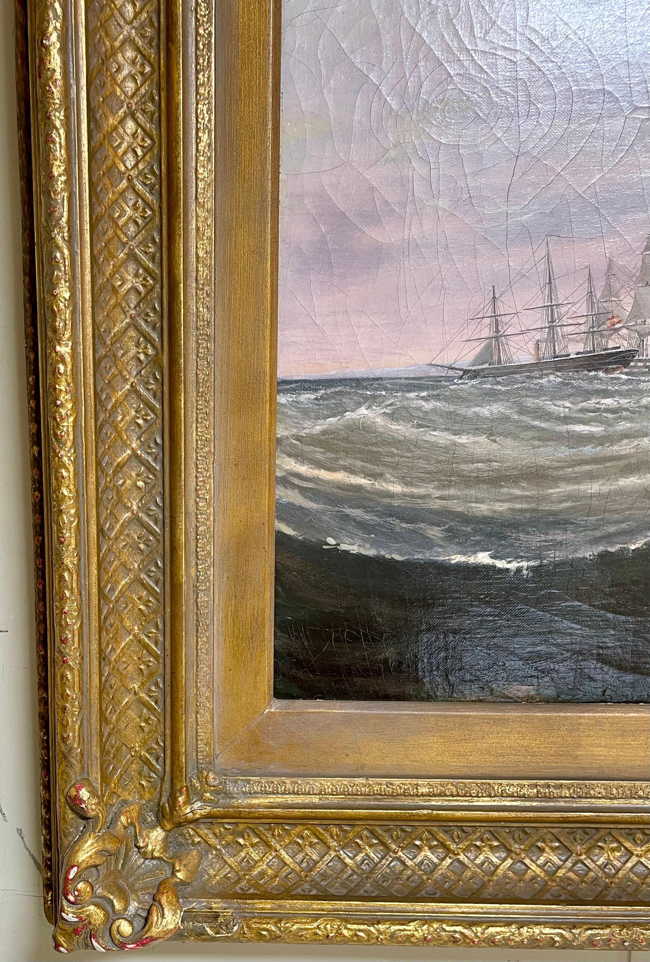 19th Century Large Antique English Oil on Canvas Ship Painting by Charles Keith Miller, 1876. For Sale