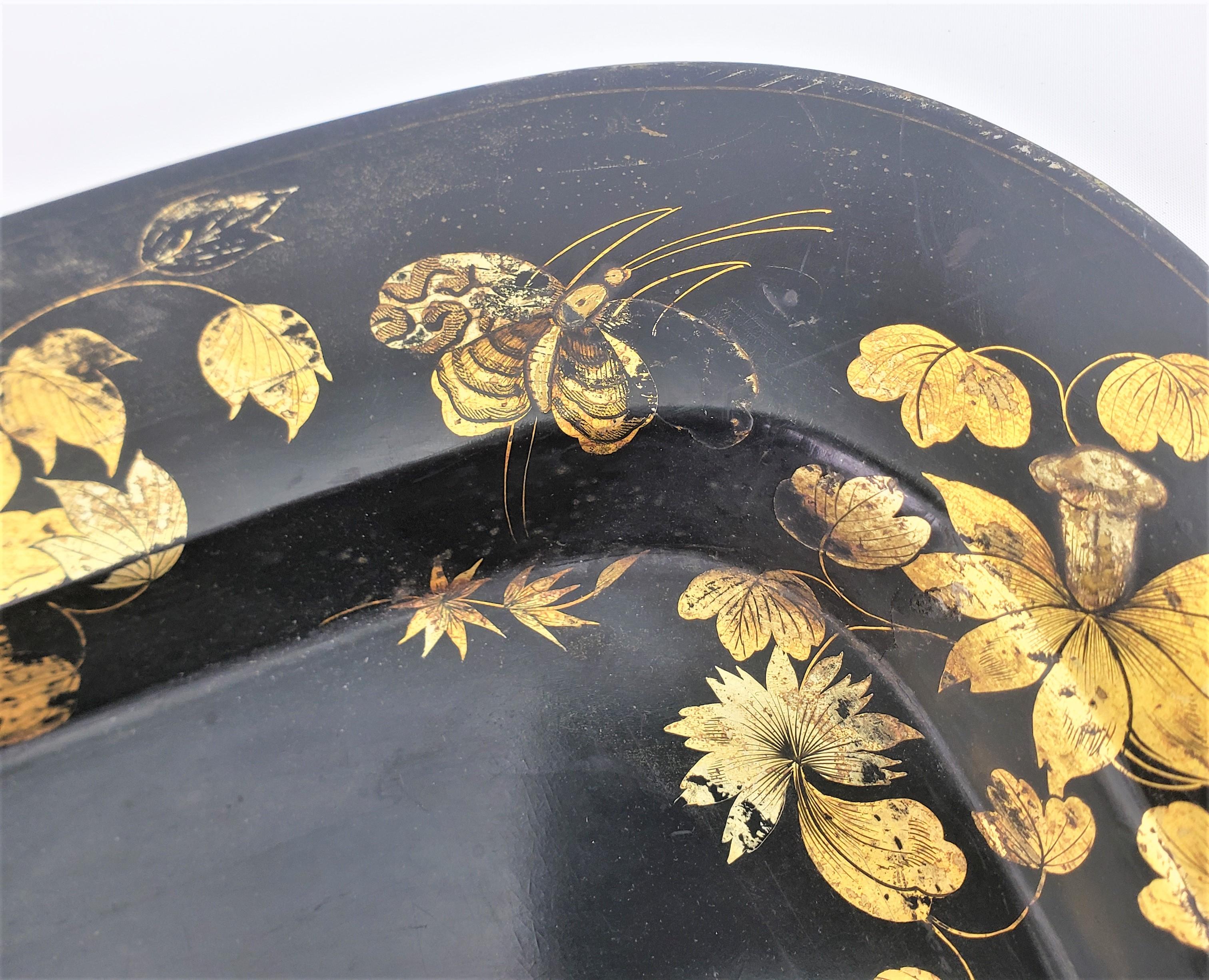 Large Antique English Paper Mache Serving Tray with Gilt Flowers & Butterflies For Sale 5