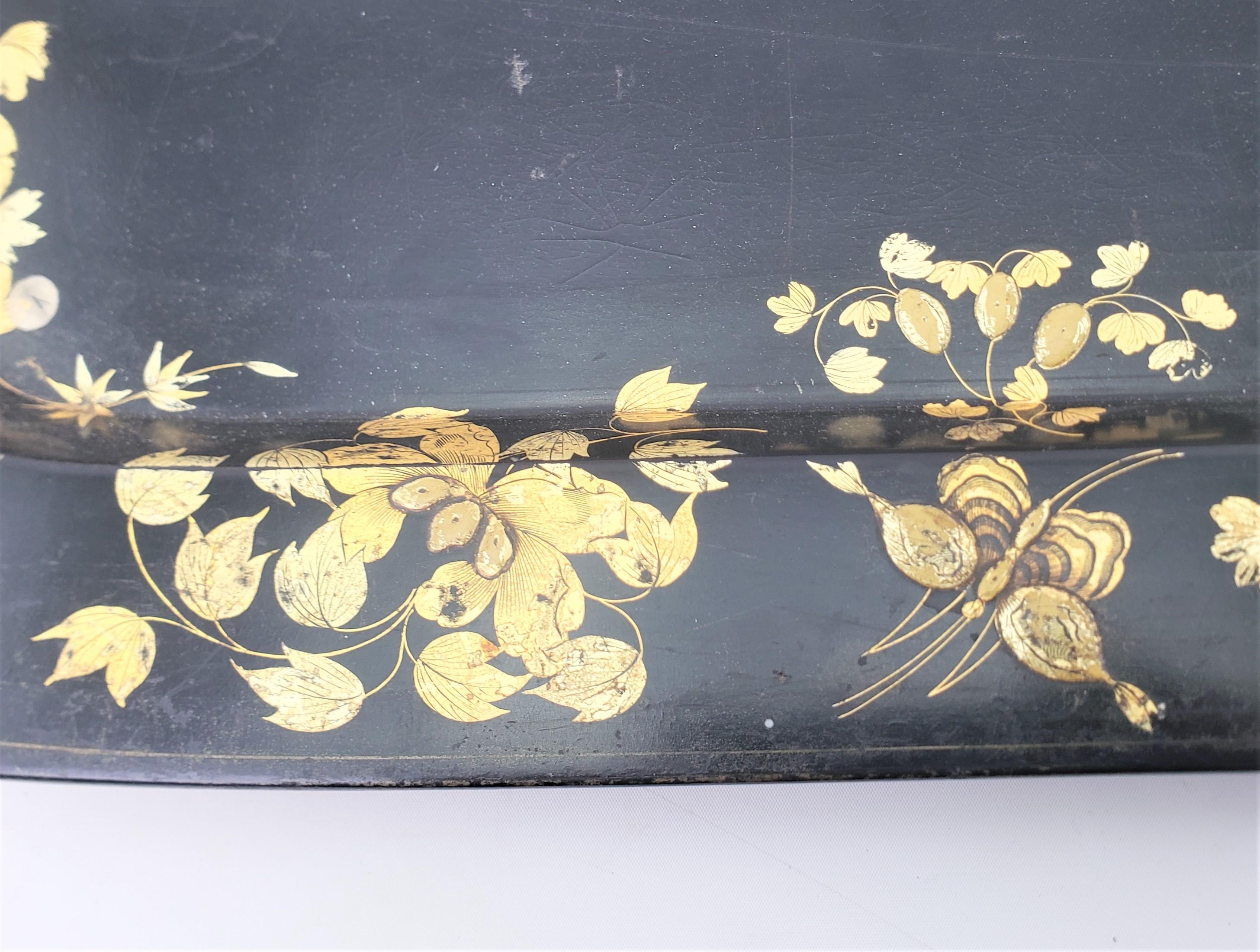 Large Antique English Paper Mache Serving Tray with Gilt Flowers & Butterflies For Sale 7