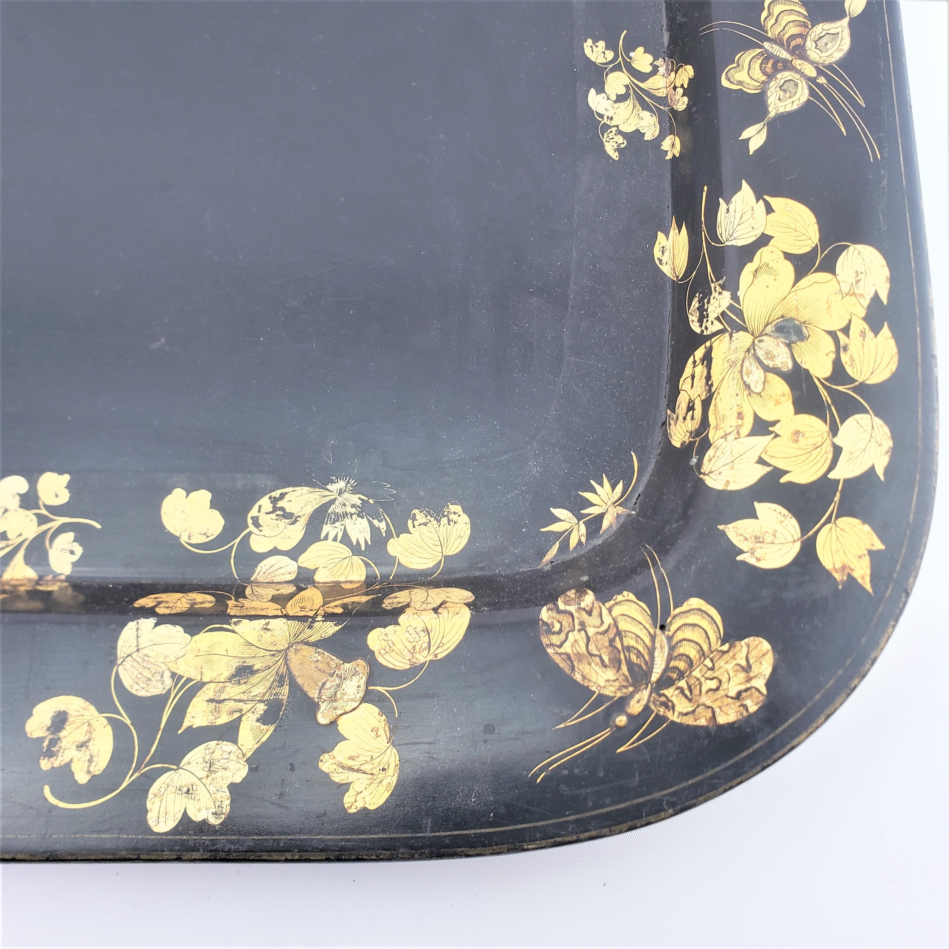 Large Antique English Paper Mache Serving Tray with Gilt Flowers & Butterflies For Sale 8
