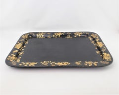Large Antique English Paper Mache Serving Tray with Gilt Flowers & Butterflies