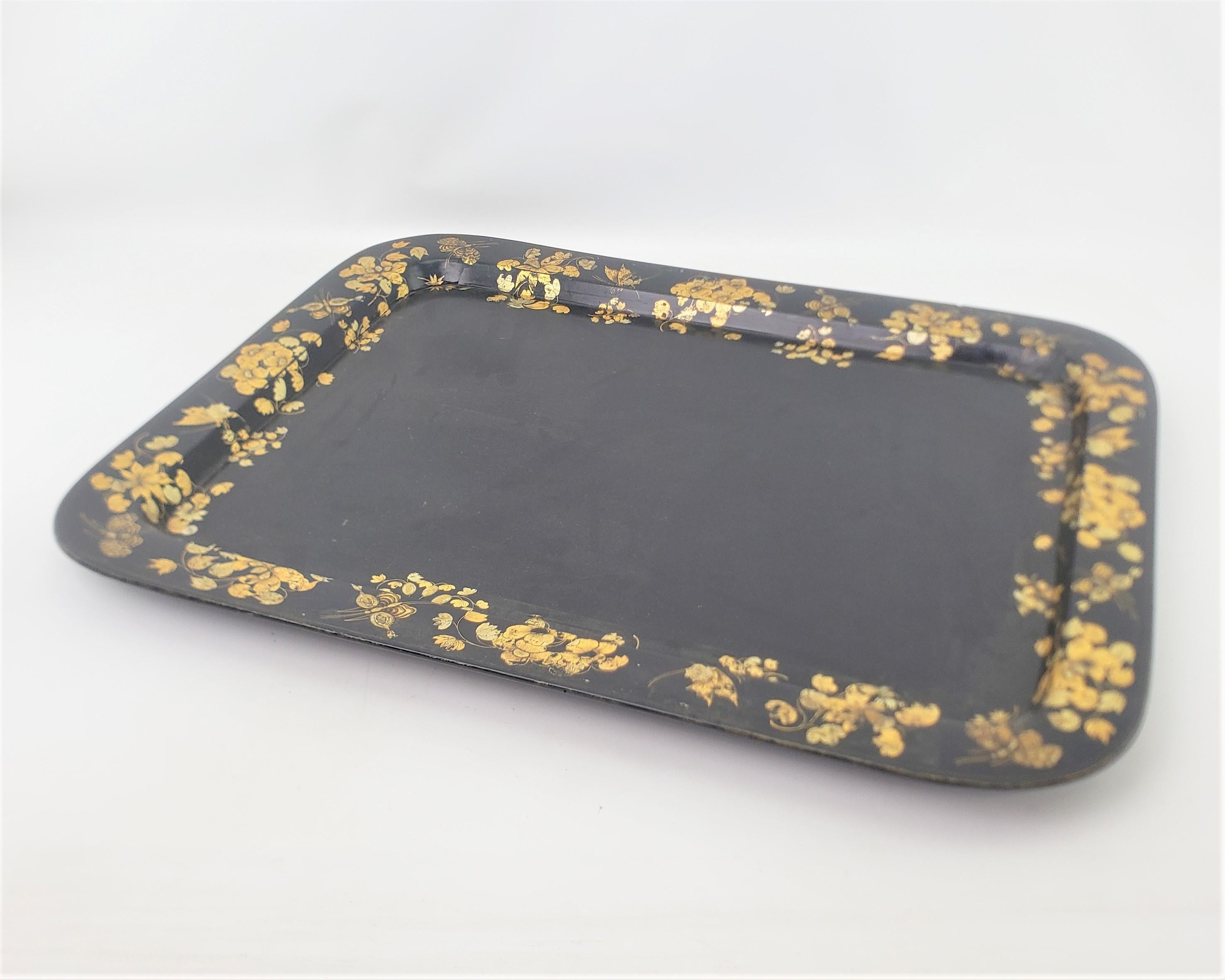 Late Victorian Large Antique English Paper Mache Serving Tray with Gilt Flowers & Butterflies For Sale
