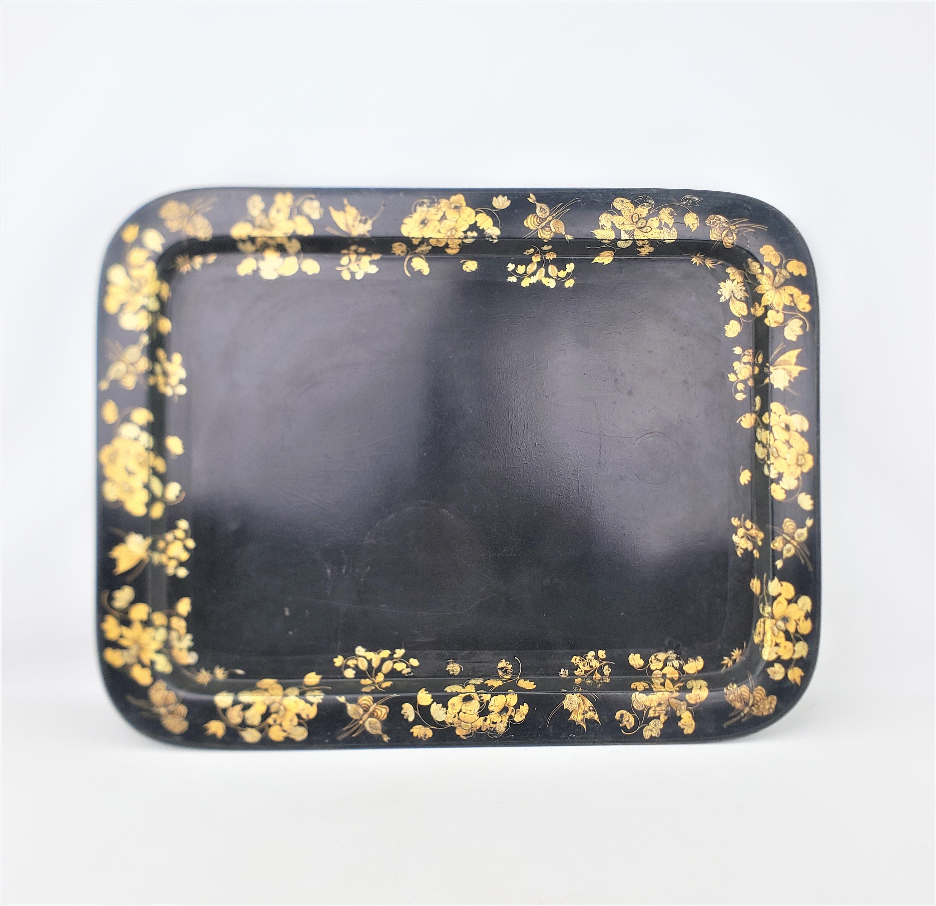 19th Century Large Antique English Paper Mache Serving Tray with Gilt Flowers & Butterflies For Sale