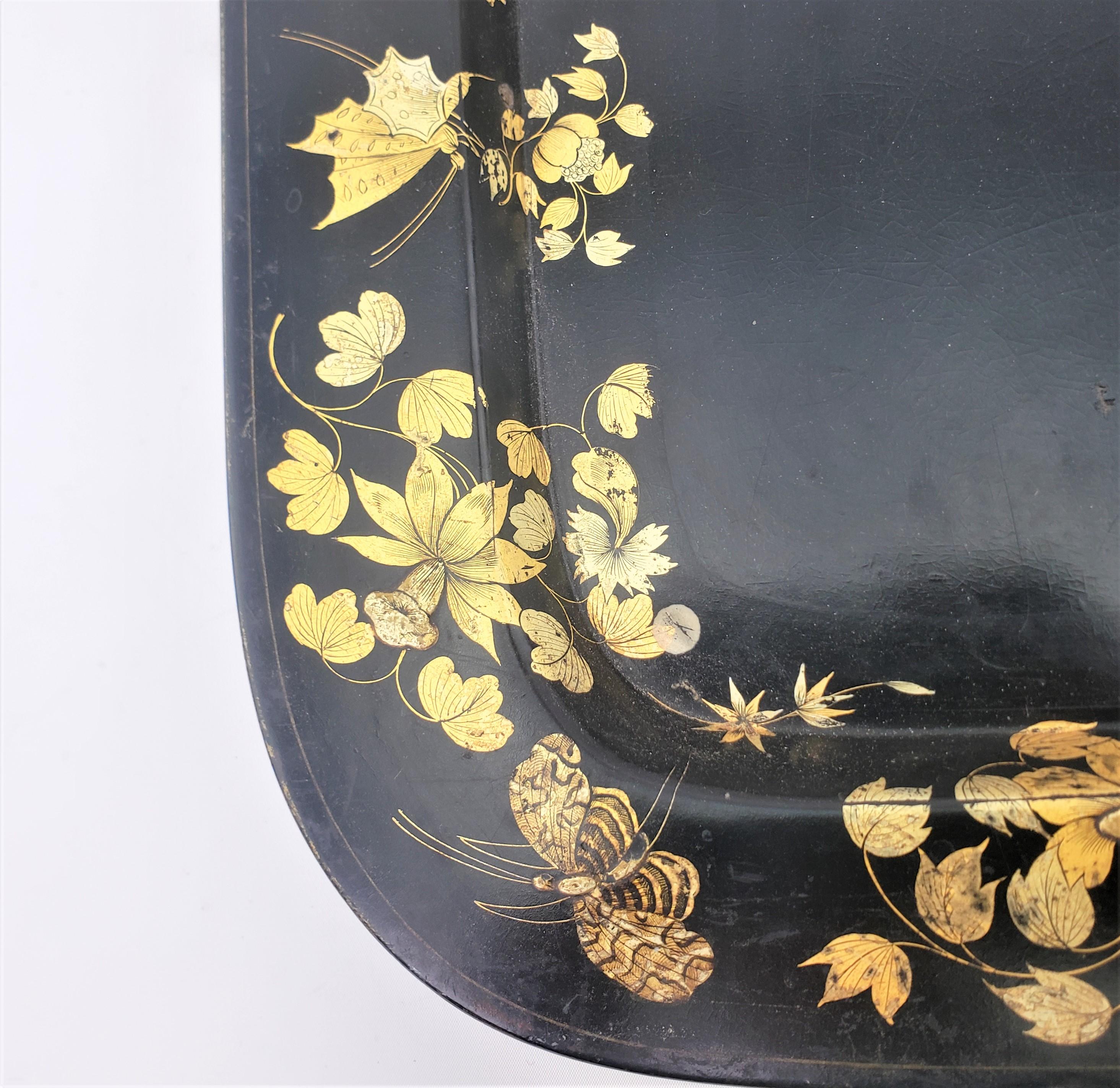 Large Antique English Paper Mache Serving Tray with Gilt Flowers & Butterflies For Sale 4