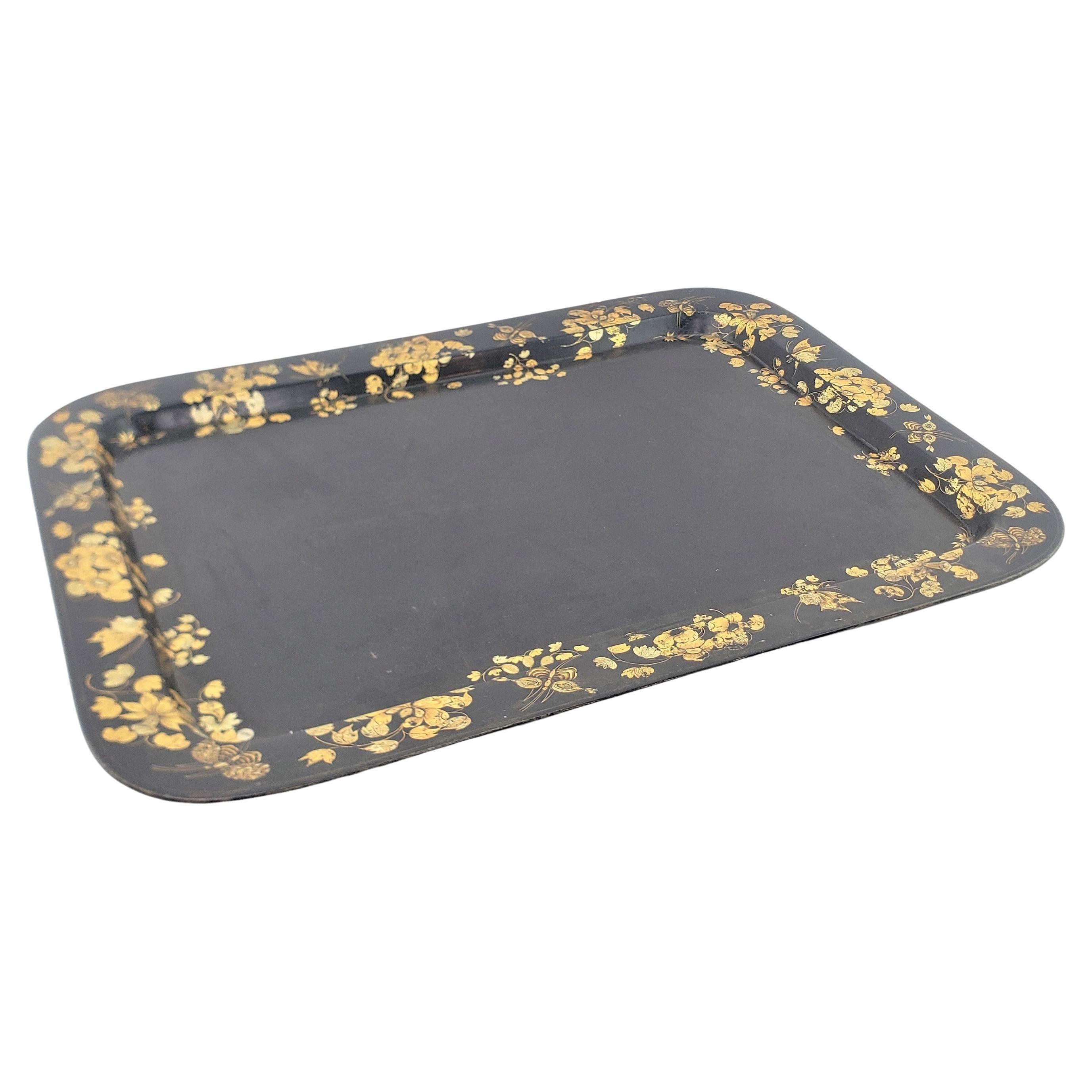 Large Antique English Paper Mache Serving Tray with Gilt Flowers & Butterflies For Sale