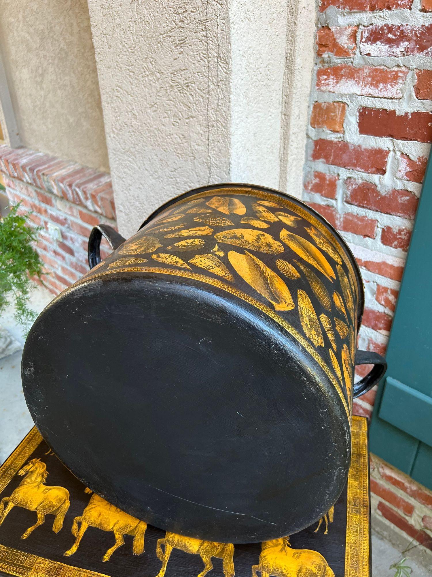 LARGE Antique English Planter Cachepot Black Metal Lacquer SHELL Decoupage c1890 For Sale 5