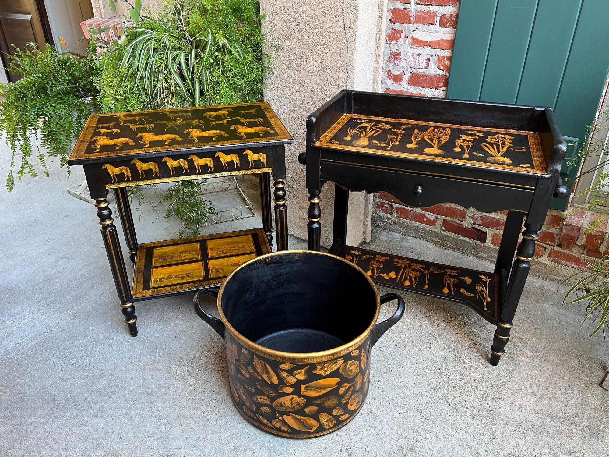 LARGE Antique English Planter Cachepot Black Metal Lacquer SHELL Decoupage c1890 For Sale 6