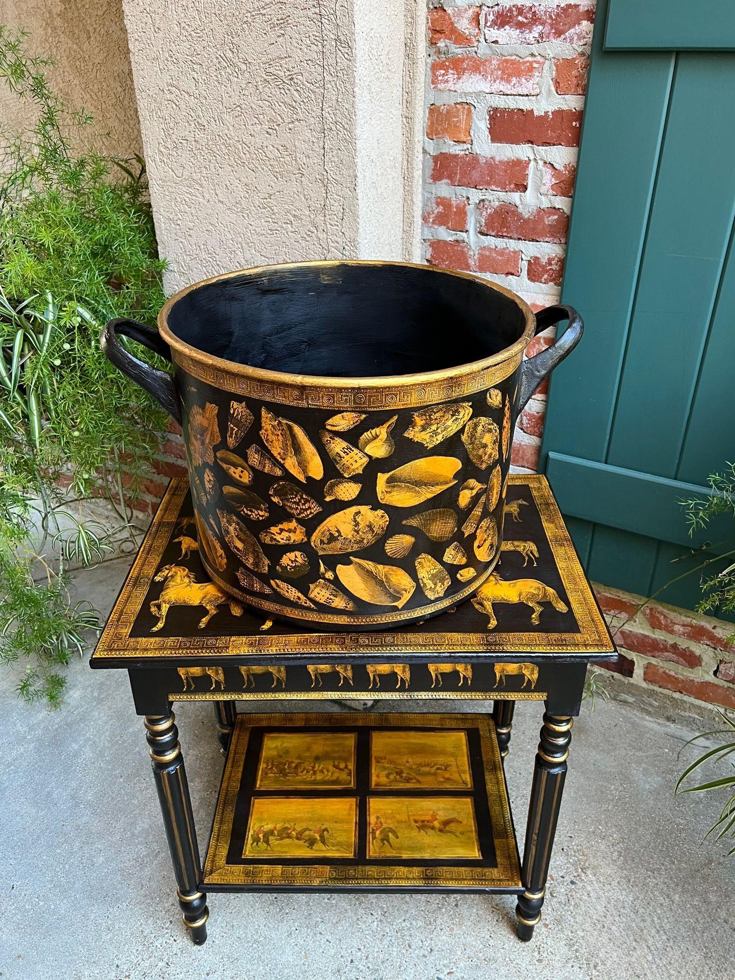 LARGE Antique English Planter Cachepot Black Metal Lacquer SHELL Decoupage c1890 For Sale 7