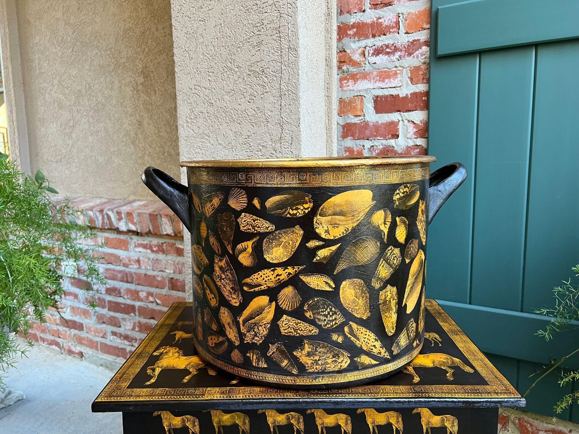LARGE Antique English Planter Cachepot Black Metal Lacquer SHELL Decoupage c1890 For Sale 8