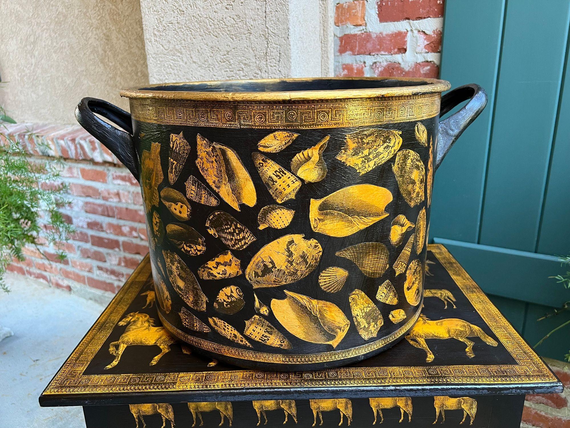 LARGE Antique English Planter Cachepot Black Metal Lacquer SHELL Decoupage c1890 For Sale 9