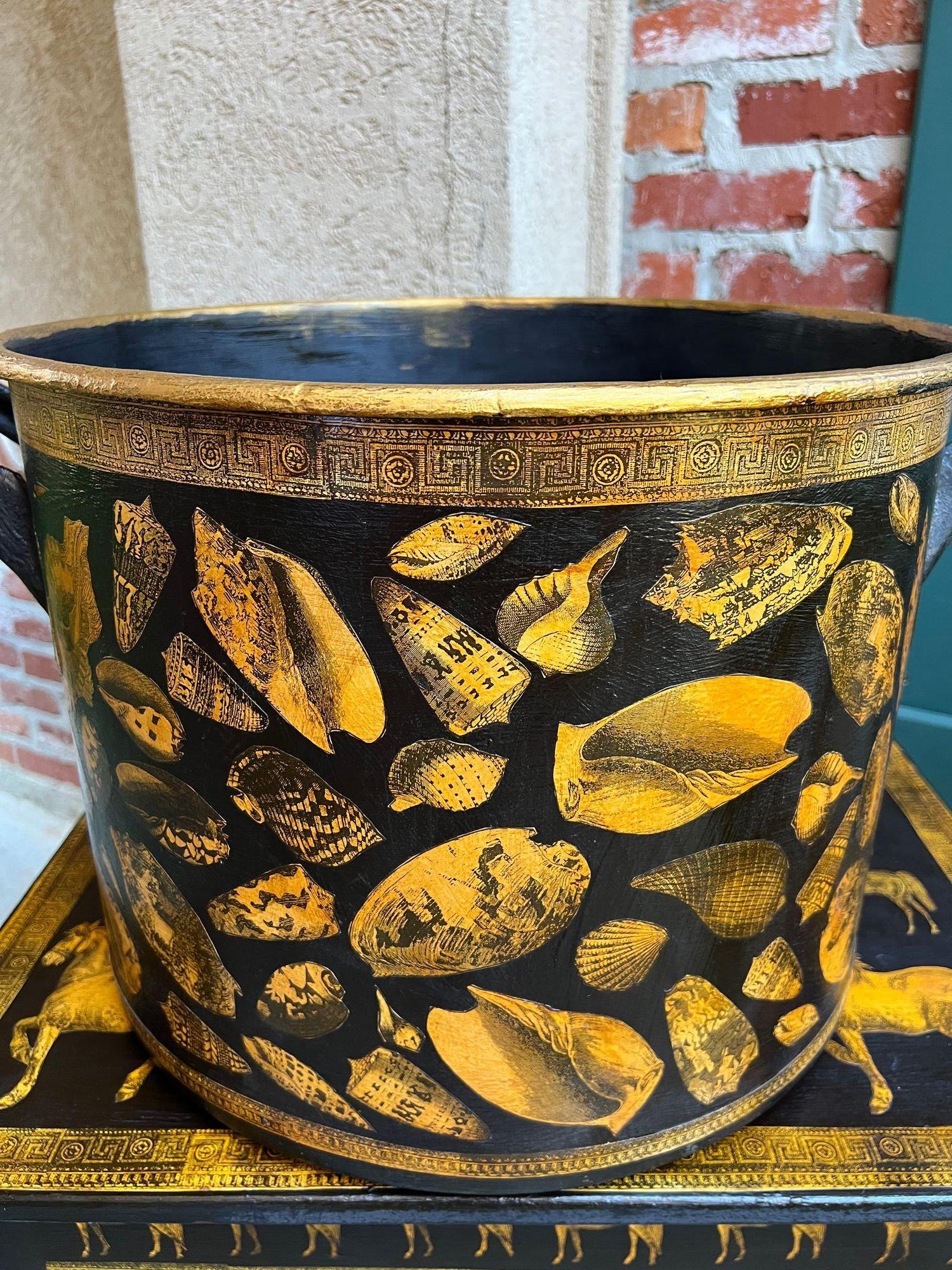 LARGE Antique English Planter Cachepot Black Metal Lacquer SHELL Decoupage c1890 For Sale 10