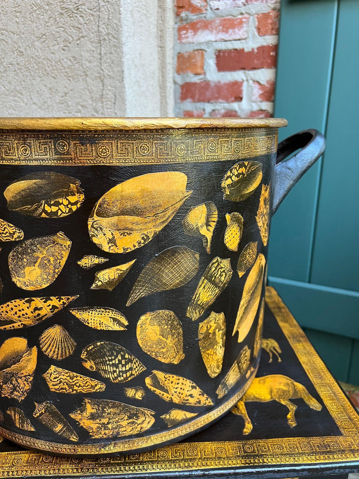 LARGE Antique English Planter Cachepot Black Metal Lacquer SHELL Decoupage c1890 For Sale 11