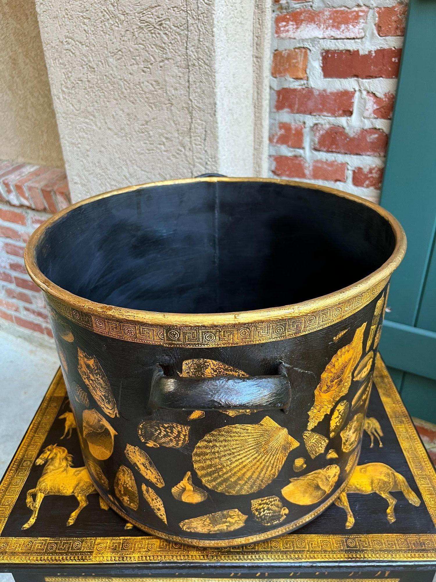 LARGE Antique English Planter Cachepot Black Metal Lacquer SHELL Decoupage c1890 For Sale 13