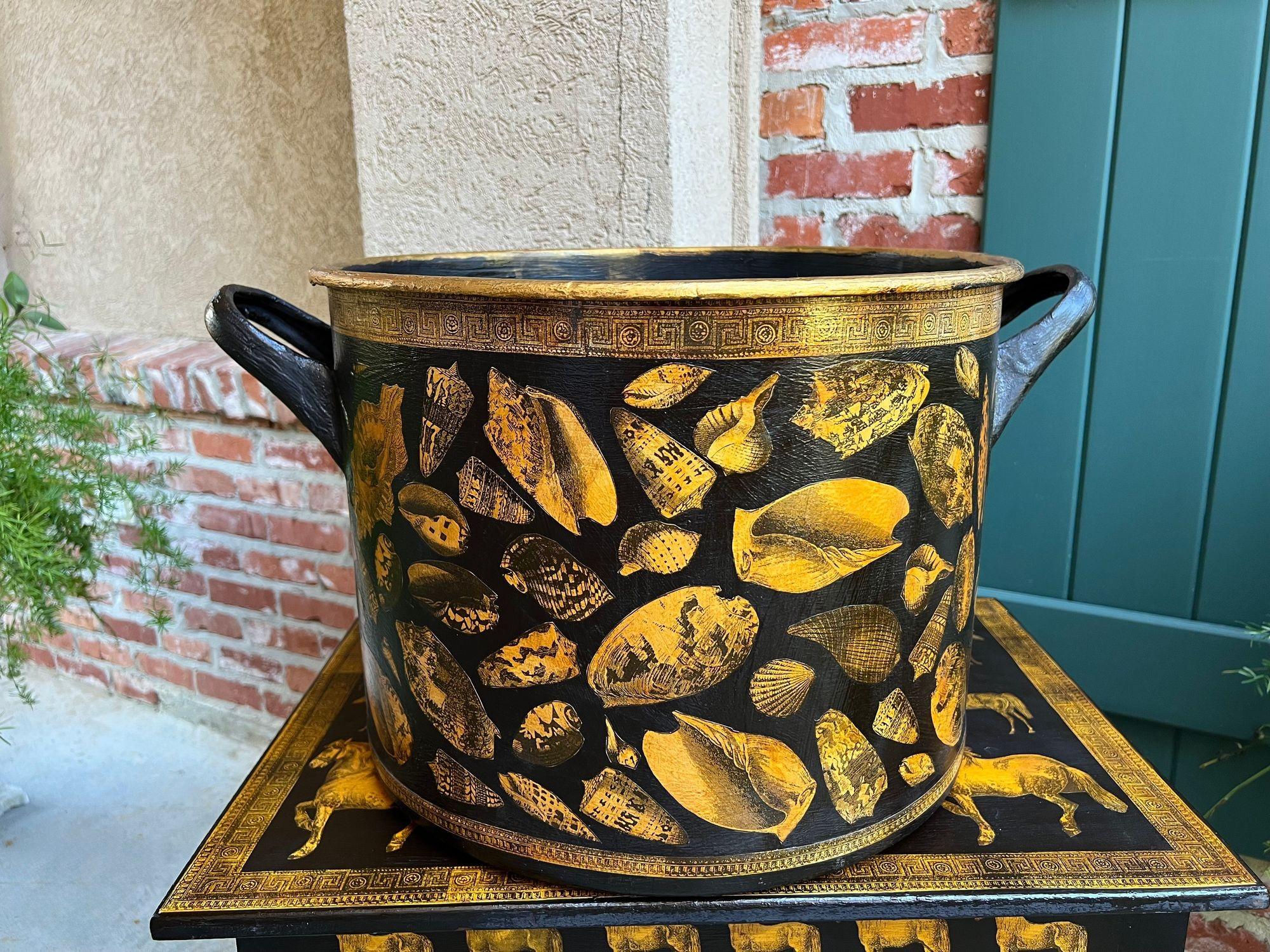 LARGE Antique English Planter Cachepot Black Metal Lacquer SHELL Decoupage c1890.

Direct from southern England, a superb one-of-a-kind antique English decoupage container/cachepot. This vessel was restored and recently decoupaged with a gorgeous