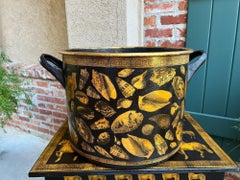 LARGE Antique English Planter Cachepot Black Metal Lacquer SHELL Decoupage c1890