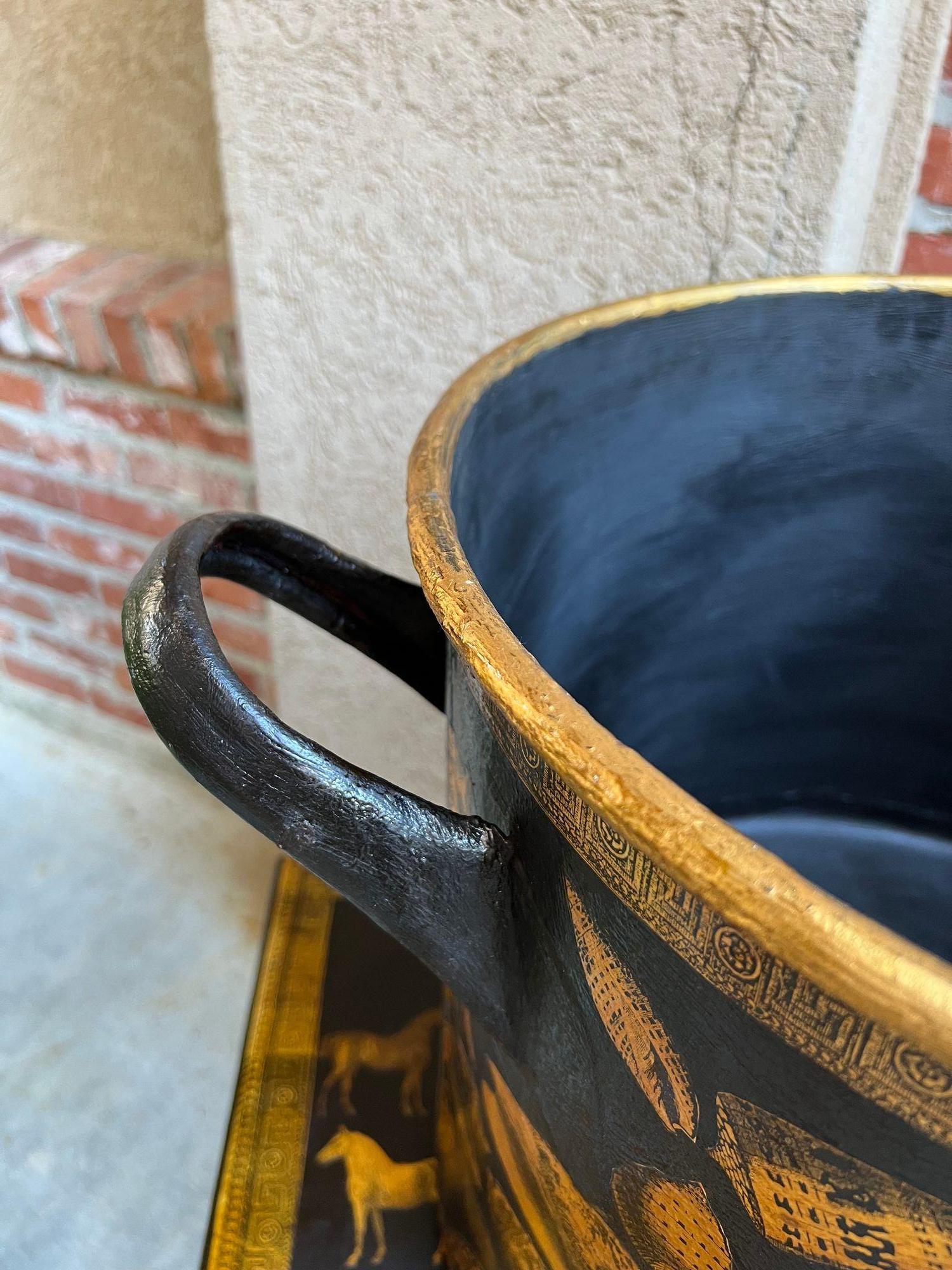 LARGE Antique English Planter Cachepot Black Metal Lacquer SHELL Decoupage c1890 For Sale 14