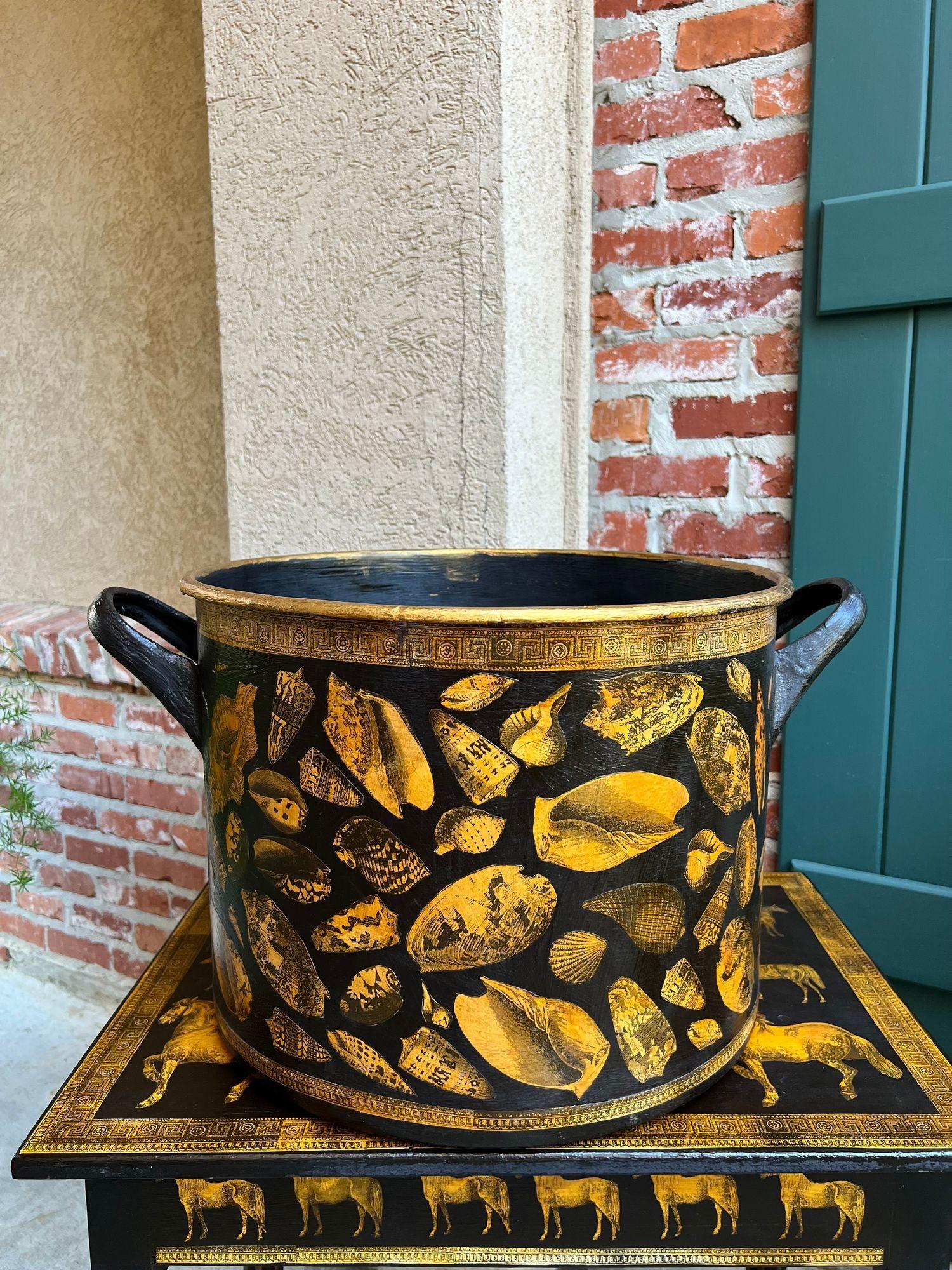 Neoclassical LARGE Antique English Planter Cachepot Black Metal Lacquer SHELL Decoupage c1890 For Sale