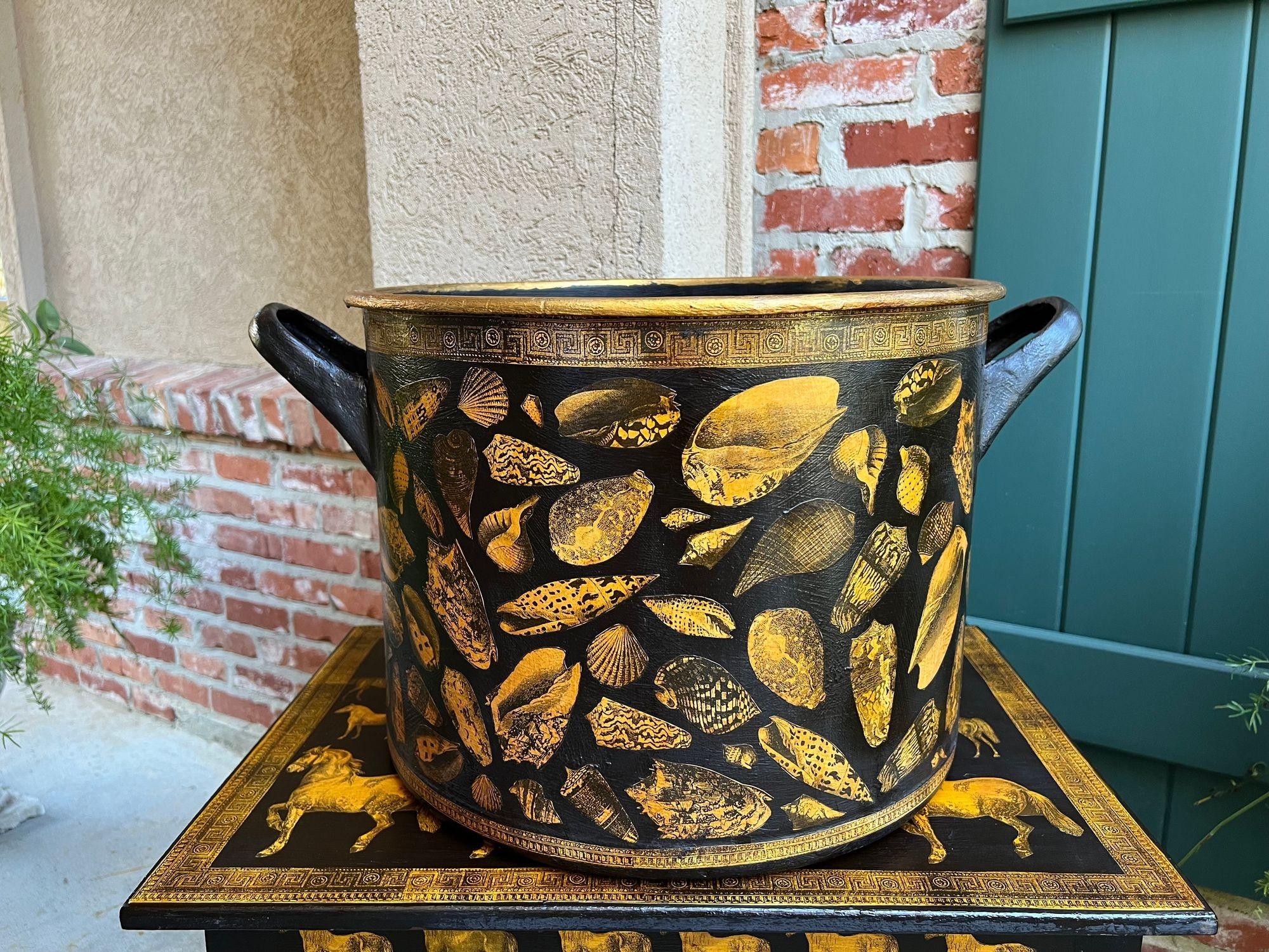 British LARGE Antique English Planter Cachepot Black Metal Lacquer SHELL Decoupage c1890 For Sale