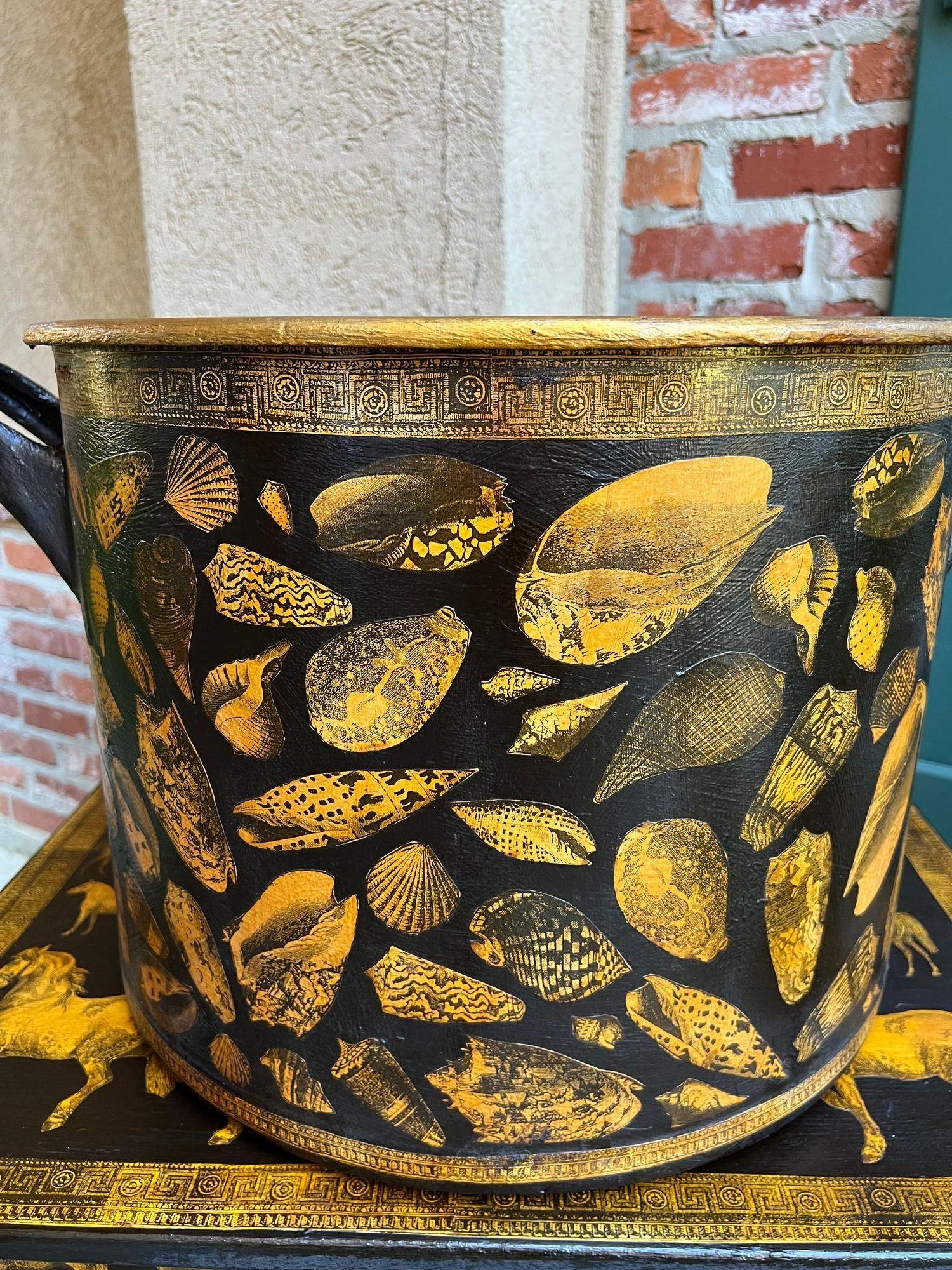 Hand-Crafted LARGE Antique English Planter Cachepot Black Metal Lacquer SHELL Decoupage c1890 For Sale