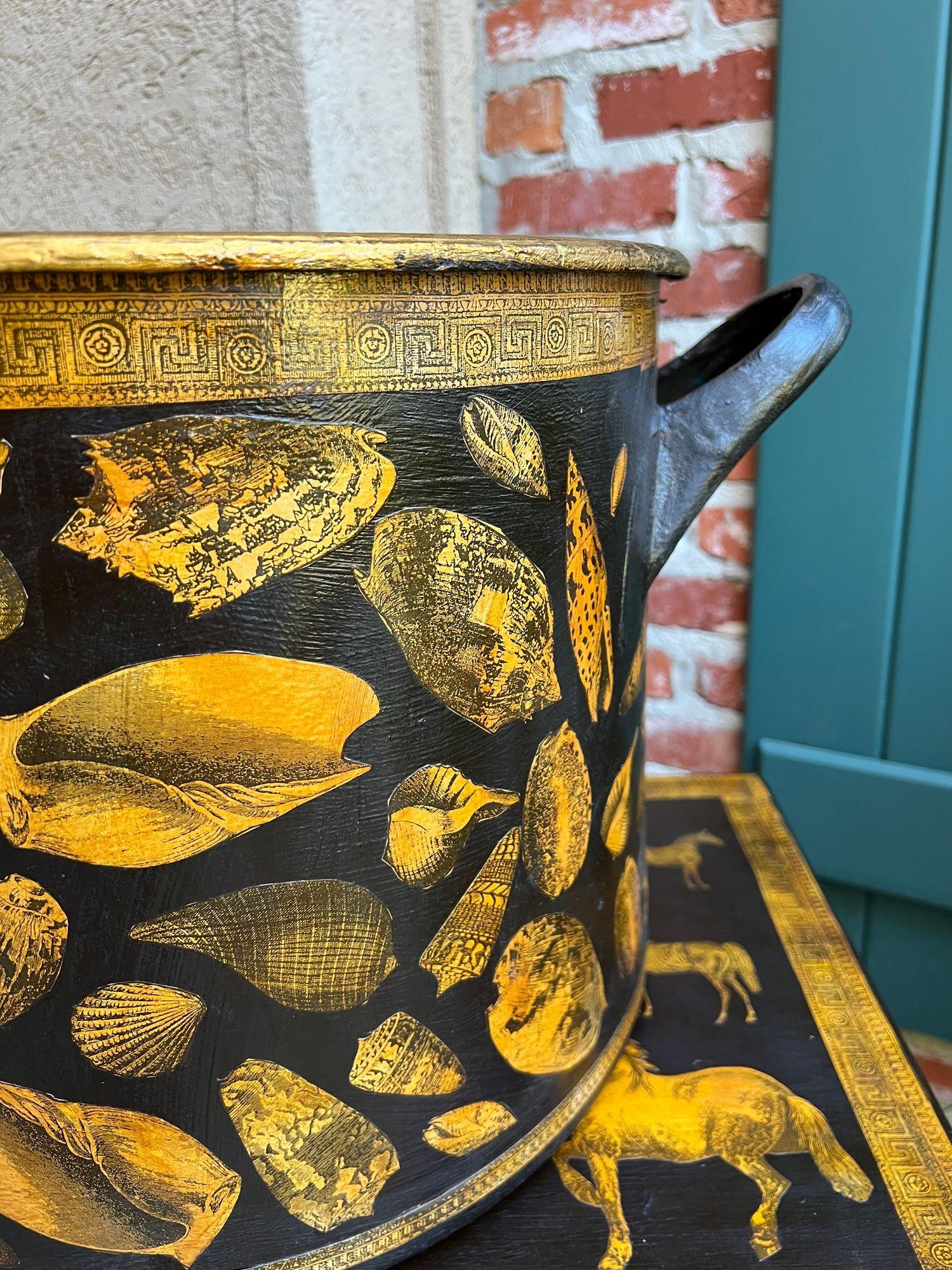 19th Century LARGE Antique English Planter Cachepot Black Metal Lacquer SHELL Decoupage c1890 For Sale