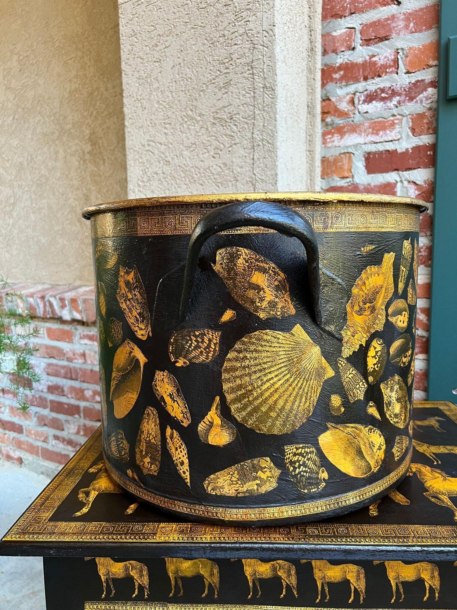 LARGE Antique English Planter Cachepot Black Metal Lacquer SHELL Decoupage c1890 For Sale 1