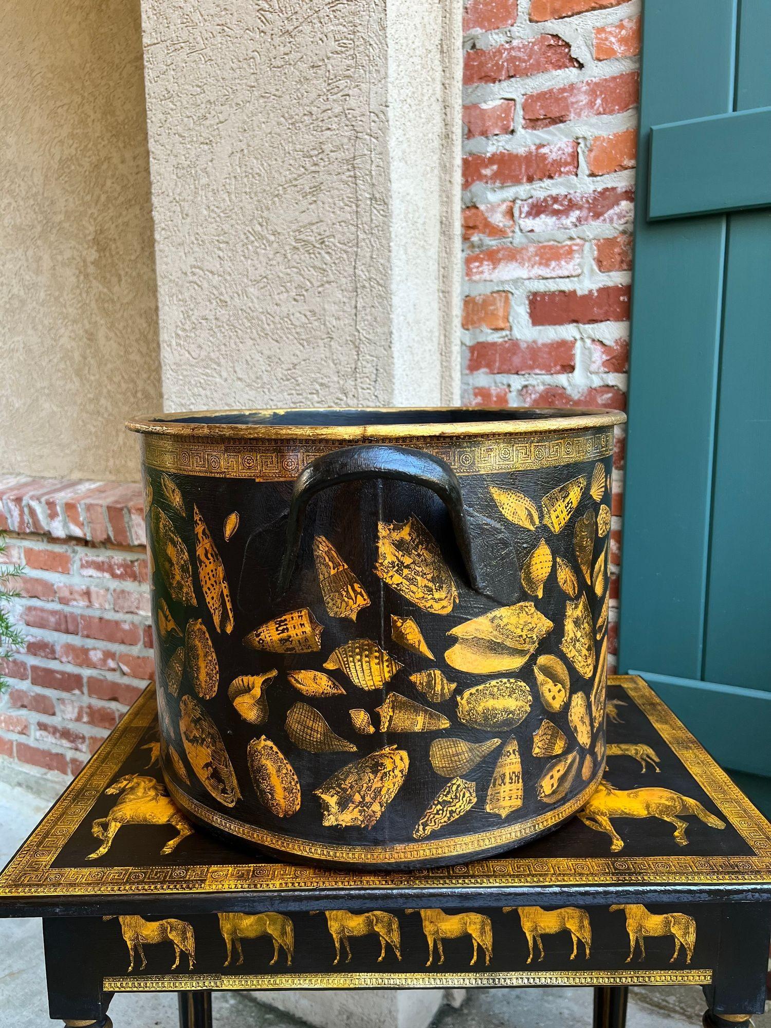 LARGE Antique English Planter Cachepot Black Metal Lacquer SHELL Decoupage c1890 For Sale 2