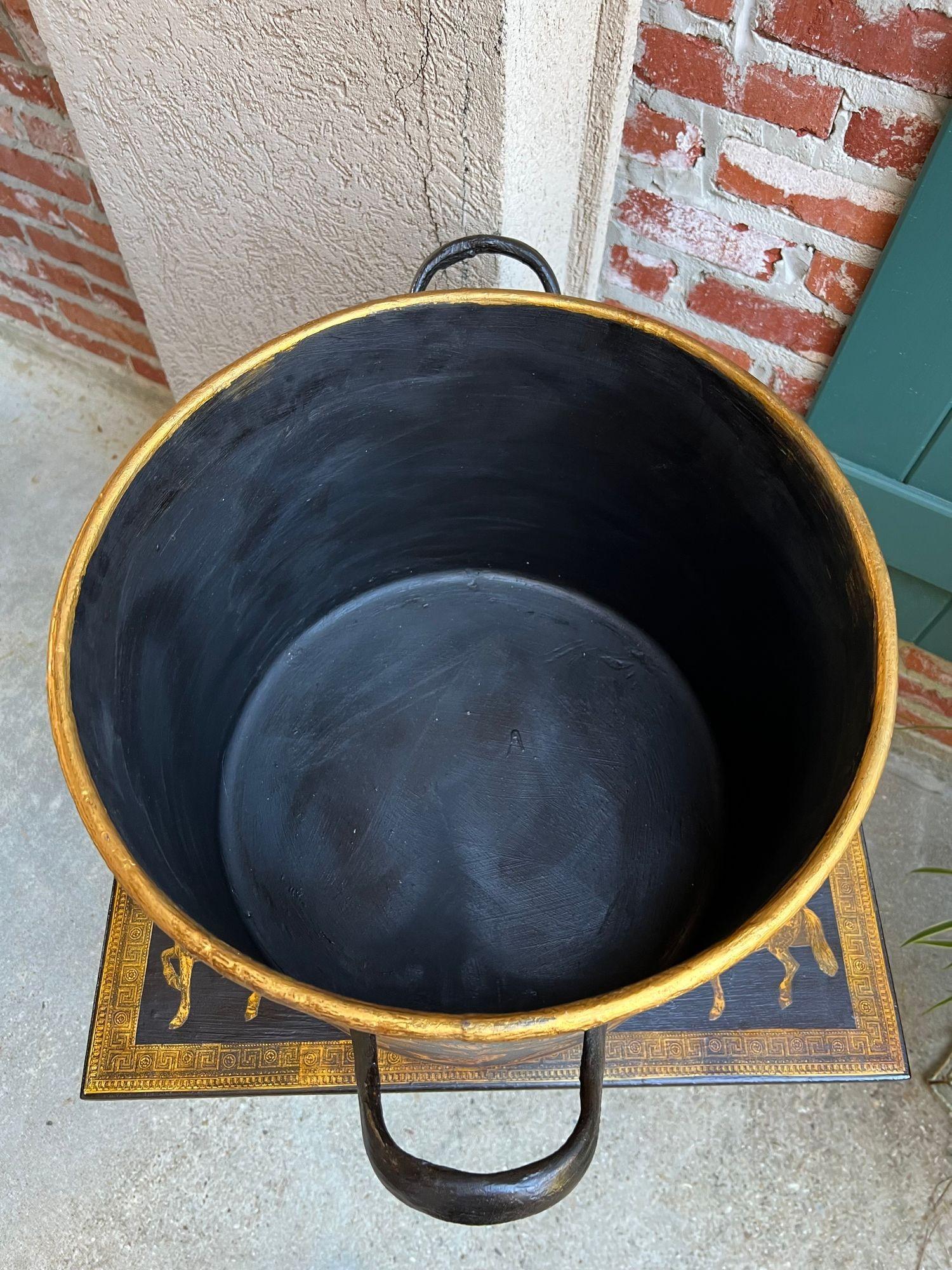 LARGE Antique English Planter Cachepot Black Metal Lacquer SHELL Decoupage c1890 For Sale 3
