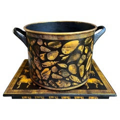 LARGE Antique English Planter Cachepot Black Metal Lacquer SHELL Decoupage c1890