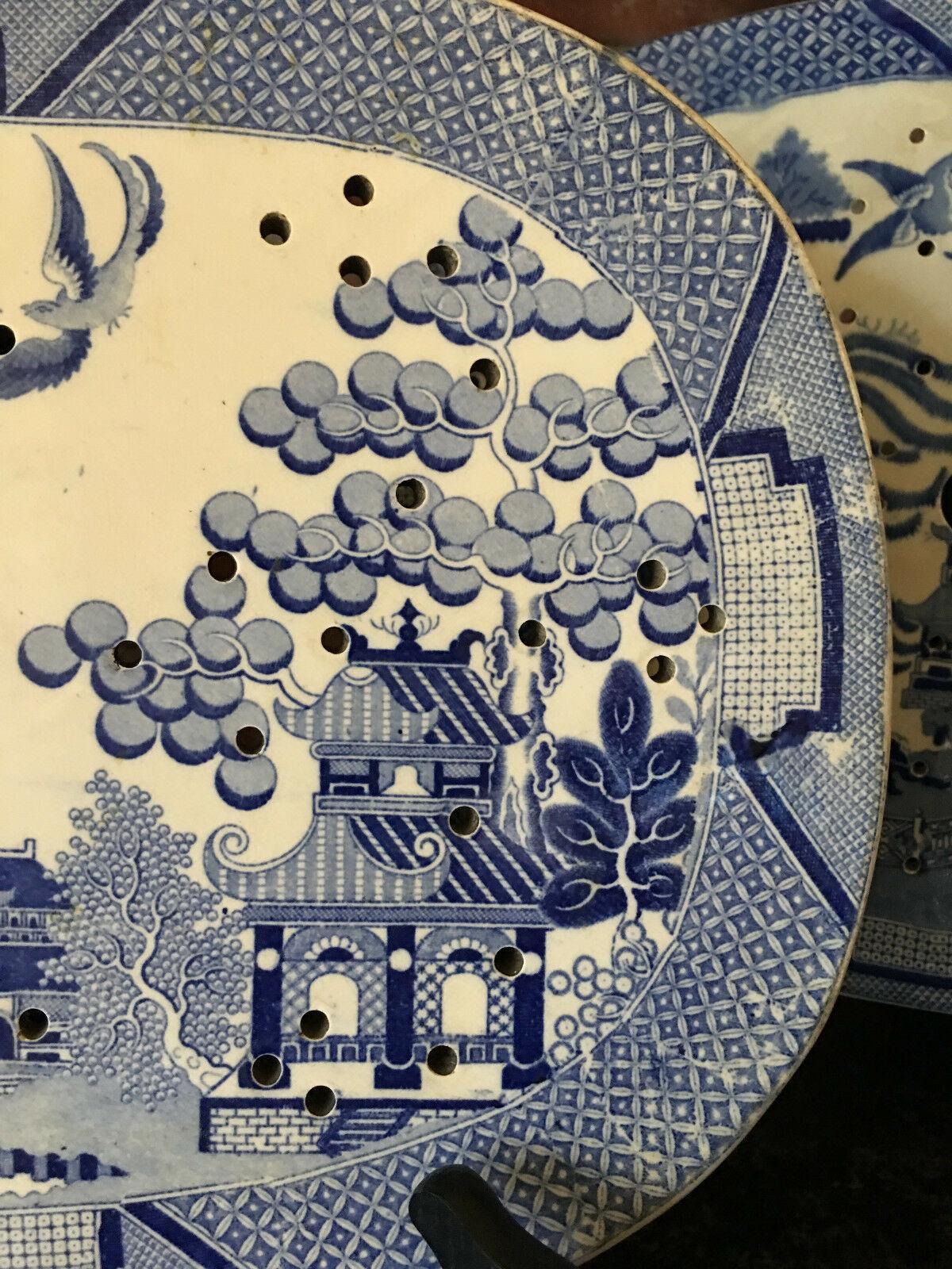 Glazed Large Antique English Platter Drainer Blue Willow Transferware Plateau #2