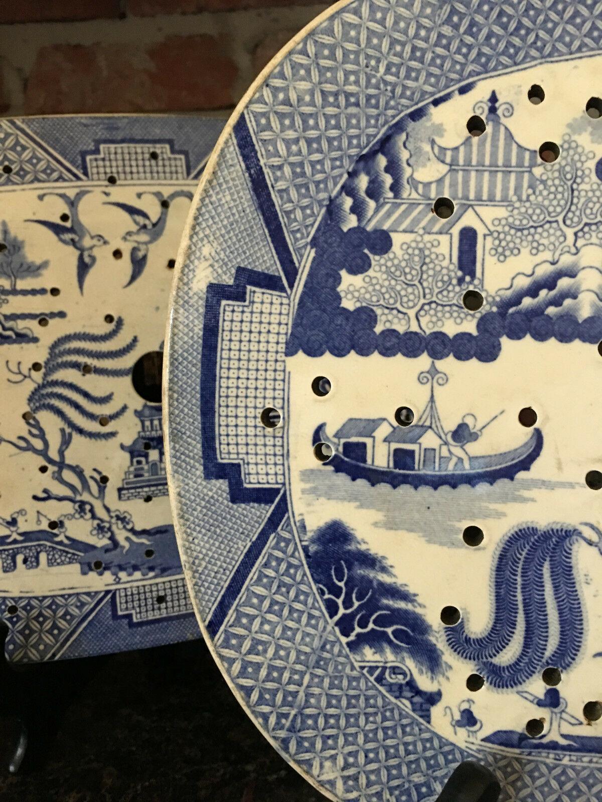 19th Century Large Antique English Platter Drainer Blue Willow Transferware Plateau #2