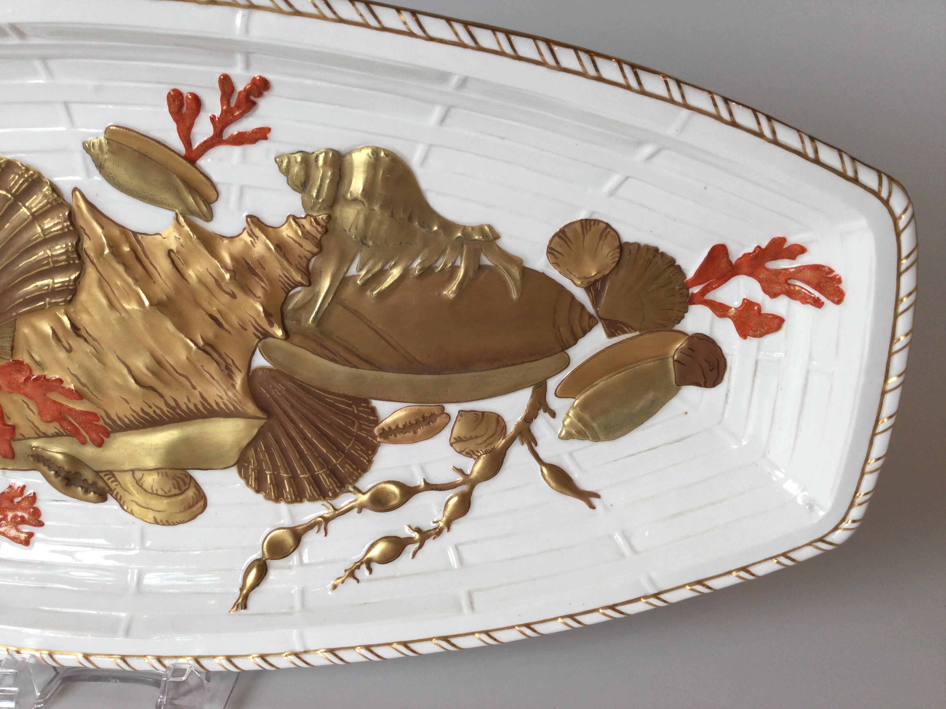 Gilt Large Antique English Porcelain Fish Platter, 1880s