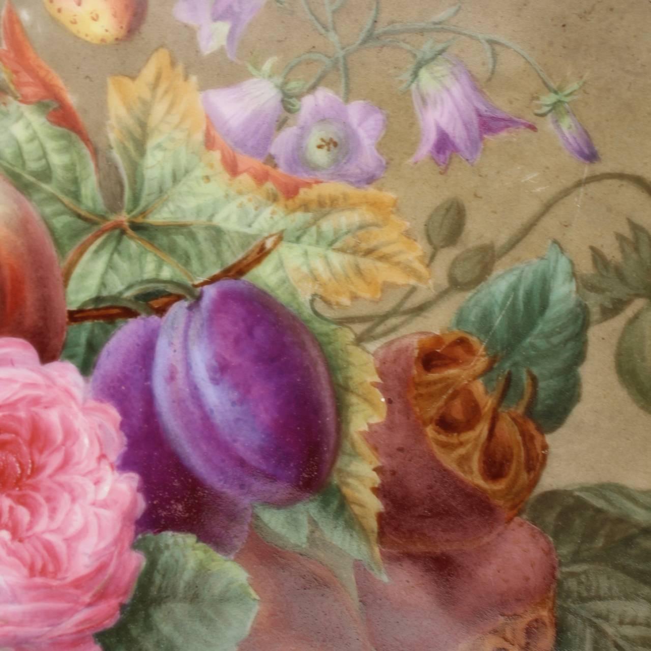 Large Antique English Porcelain Plaque of Fruit, Flowers & a Bird, 19th Century 5