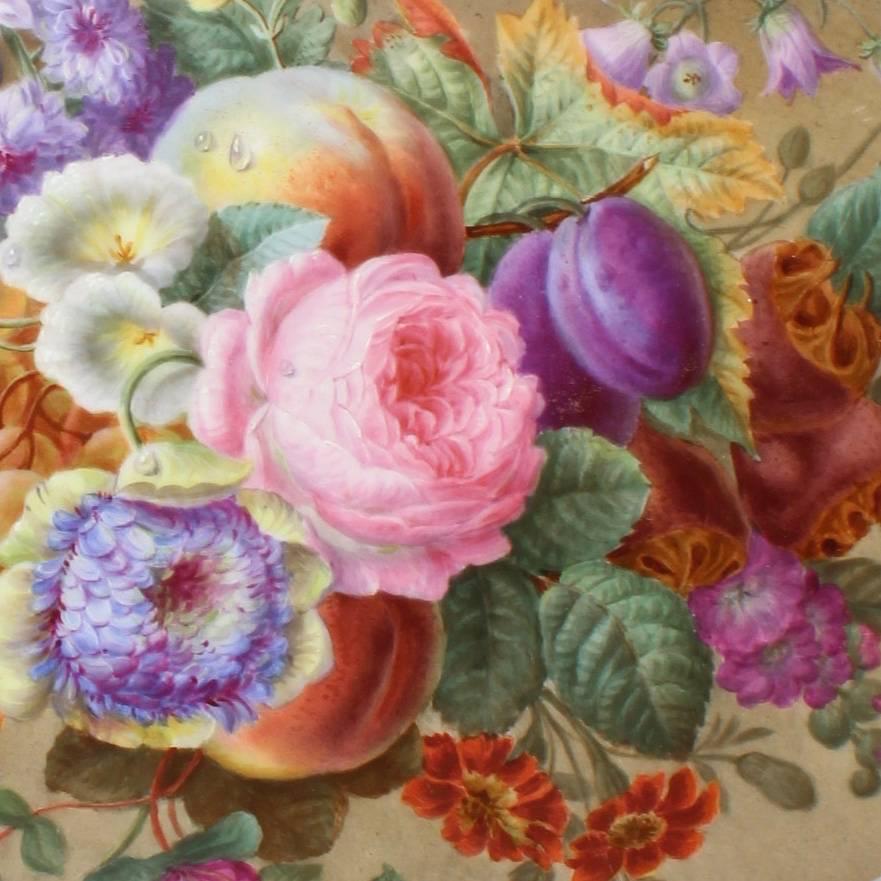 Large Antique English Porcelain Plaque of Fruit, Flowers & a Bird, 19th Century 6