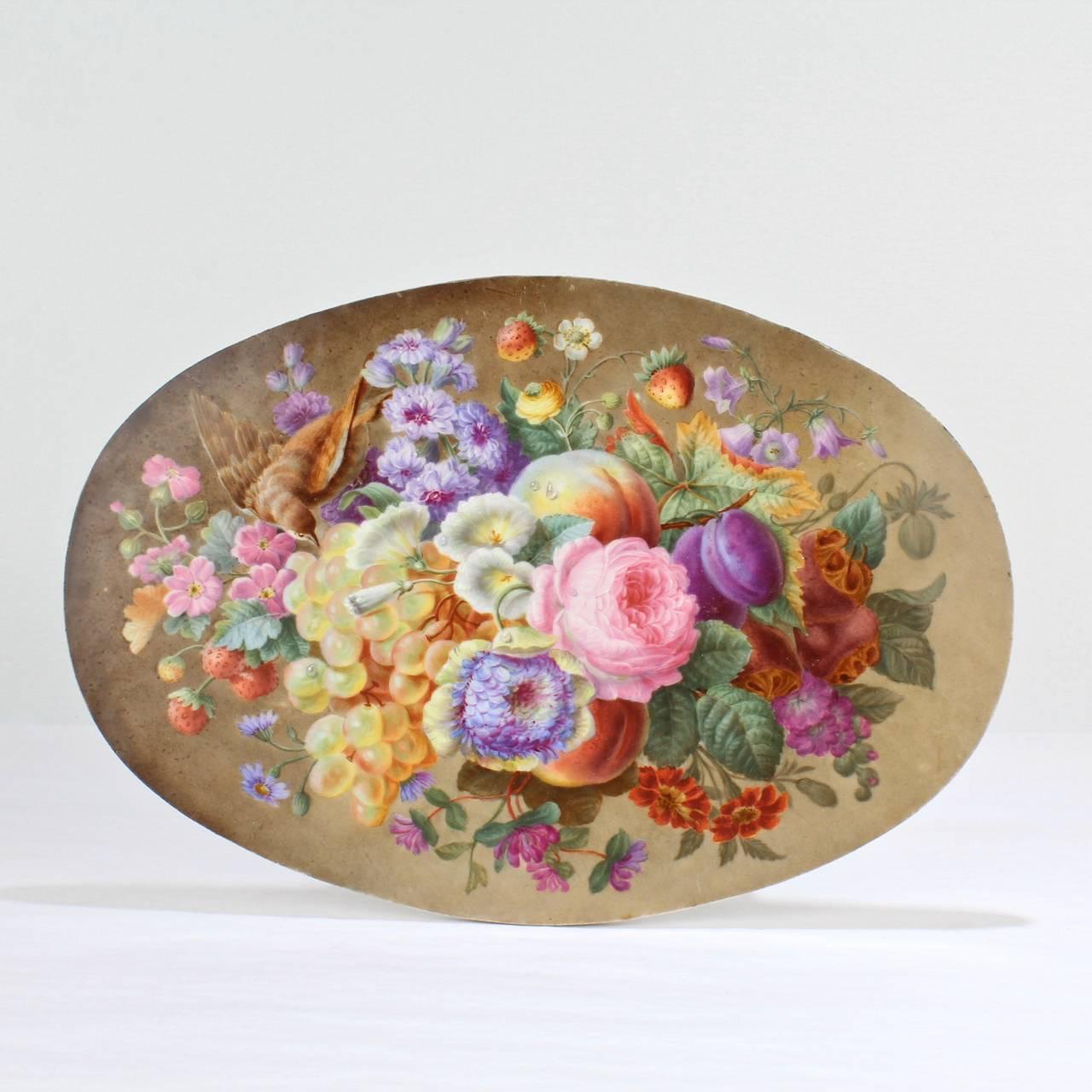 A good, English oval shaped porcelain plaque in the manner of Thomas Steel.

Very well painted with flowers, a peach, plums, seed pods, water droplets, and even a bird on a mottled brown ground.

Possibly Rockingham.

The reverse is