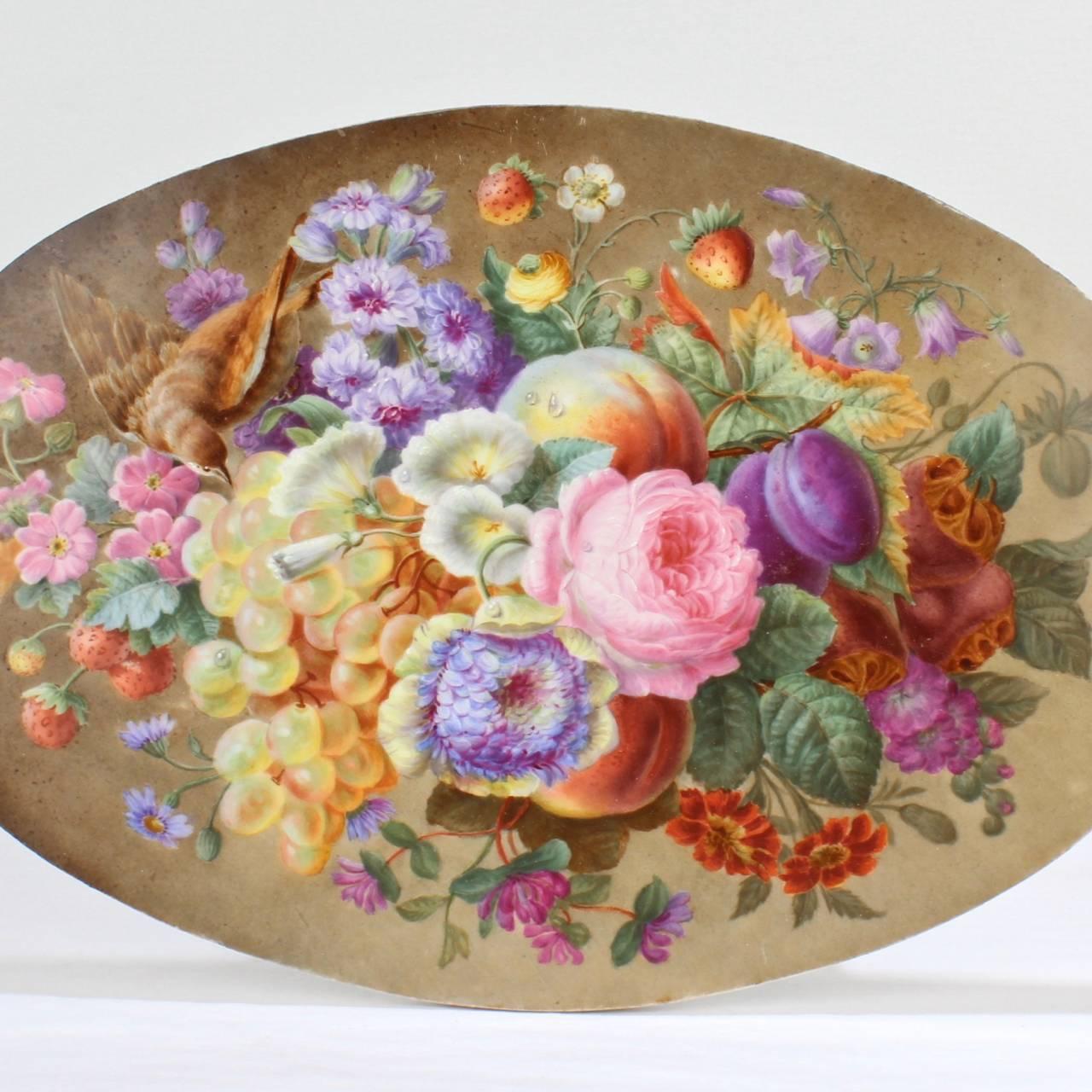 British Large Antique English Porcelain Plaque of Fruit, Flowers & a Bird, 19th Century