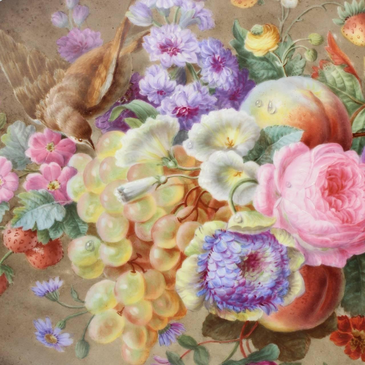 Hand-Painted Large Antique English Porcelain Plaque of Fruit, Flowers & a Bird, 19th Century