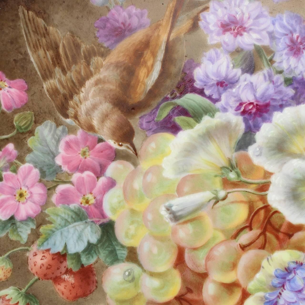 Large Antique English Porcelain Plaque of Fruit, Flowers & a Bird, 19th Century In Good Condition In Philadelphia, PA